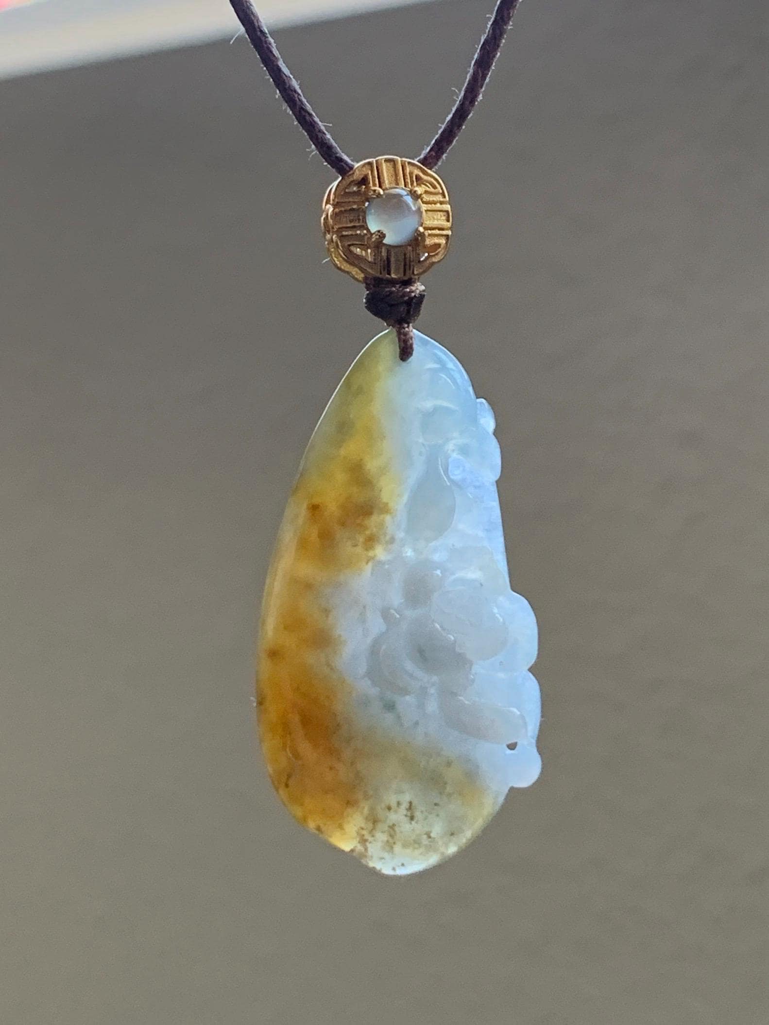 Certified Natural Grade A Icy Translucent Yellow Pastel Blue Marbled Jadeite Lotus Flower Rope Necklace Sterling Silver 26” 天然冰胶黄翡翠莲花吊坠 1468