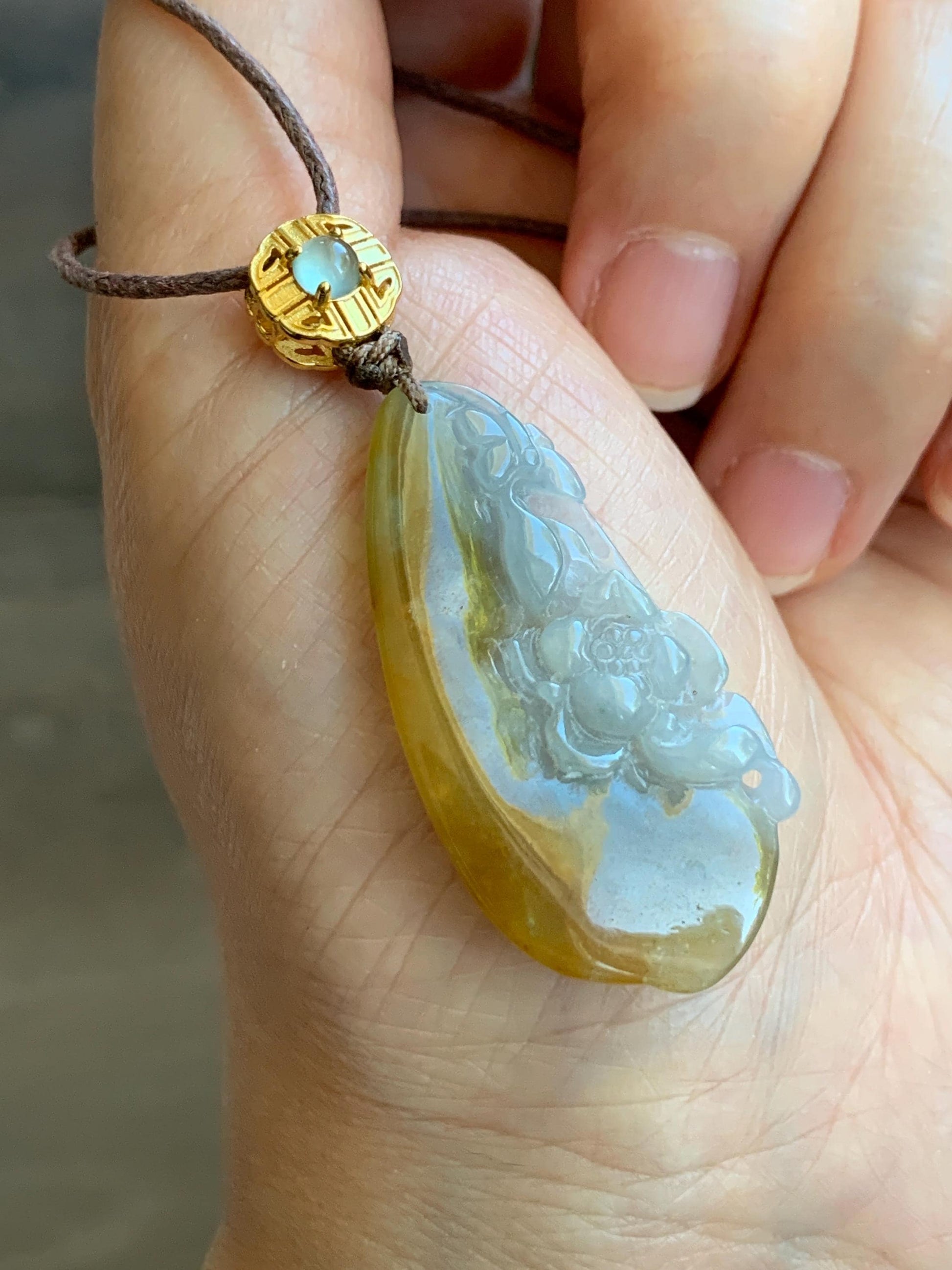 Certified Natural Grade A Icy Translucent Yellow Pastel Blue Marbled Jadeite Lotus Flower Rope Necklace Sterling Silver 26” 天然冰胶黄翡翠莲花吊坠 1468