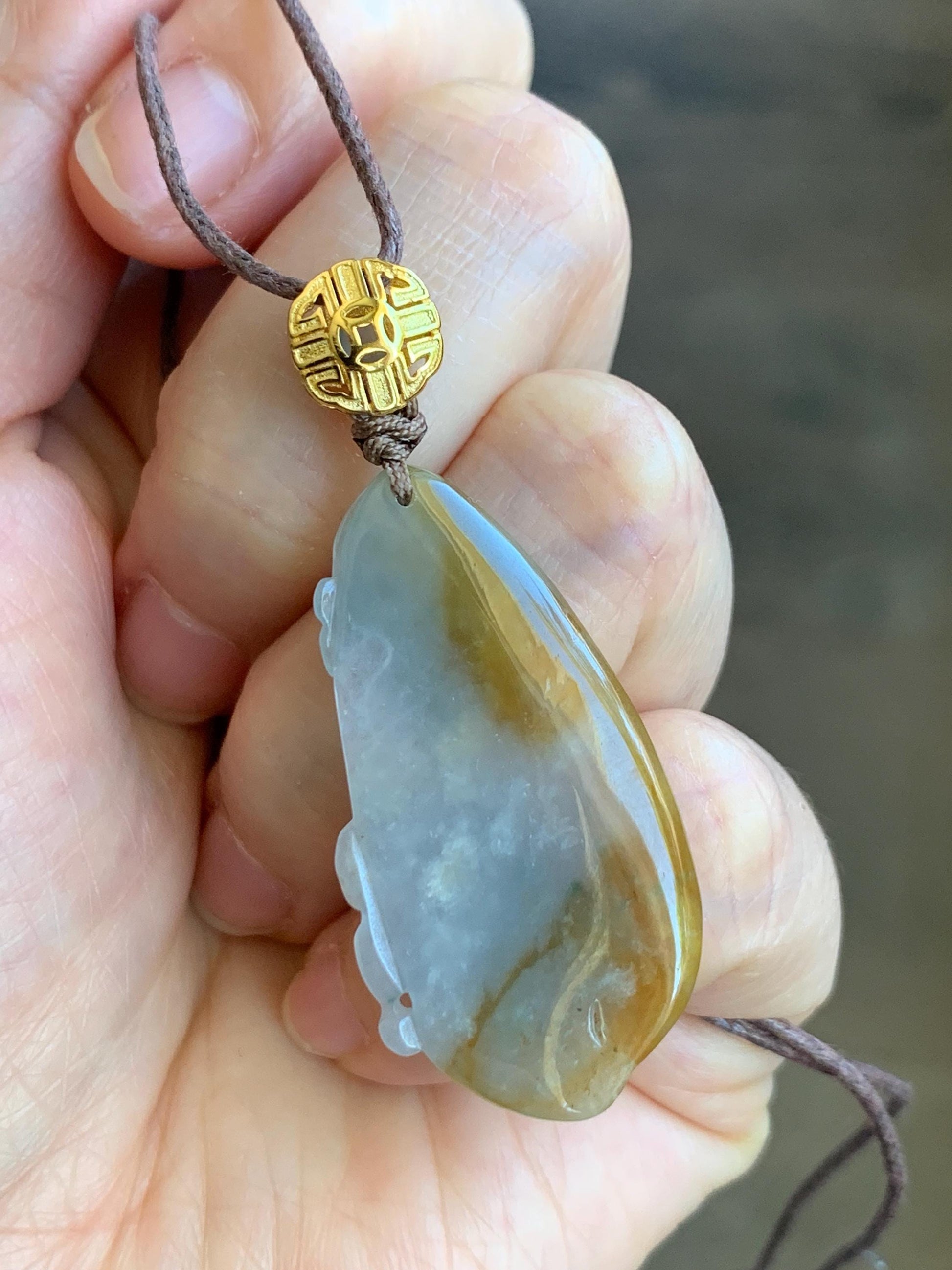 Certified Natural Grade A Icy Translucent Yellow Pastel Blue Marbled Jadeite Lotus Flower Rope Necklace Sterling Silver 26” 天然冰胶黄翡翠莲花吊坠 1468