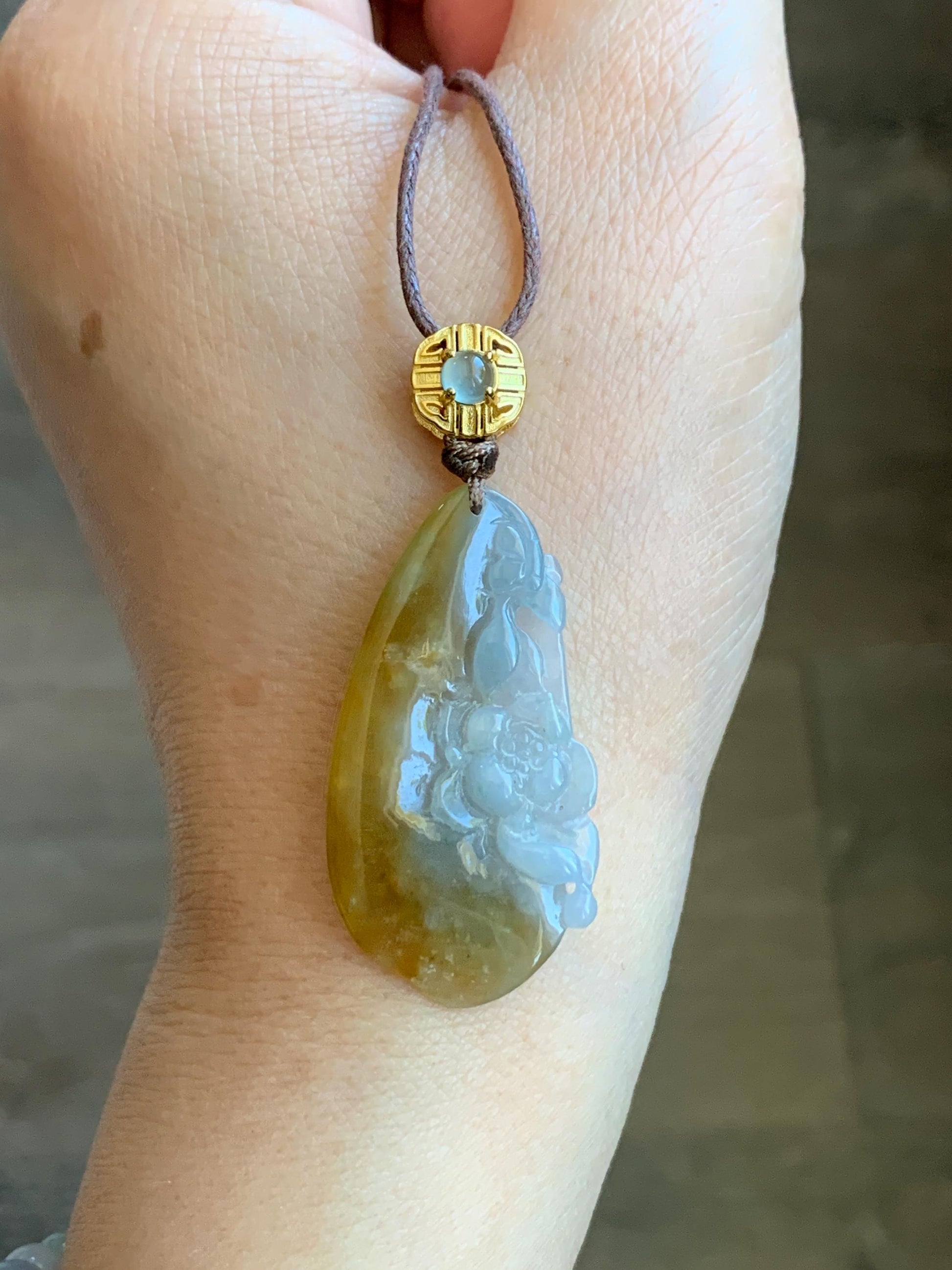 Certified Natural Grade A Icy Translucent Yellow Pastel Blue Marbled Jadeite Lotus Flower Rope Necklace Sterling Silver 26” 天然冰胶黄翡翠莲花吊坠 1468