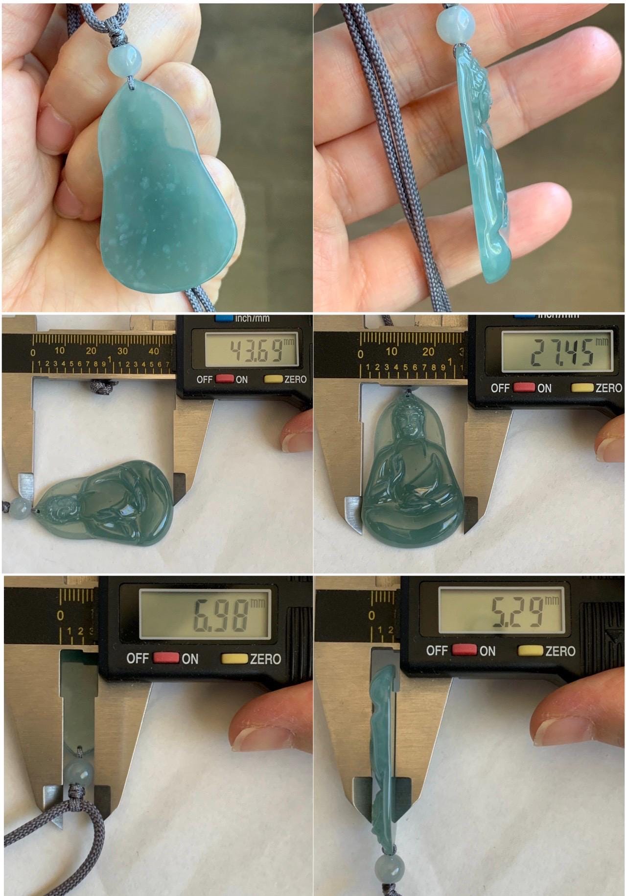 Natural Grade A Guatemalan Icy Translucent Gelatinous Dusty Blue Jadeite Carved Guanyin Pendant Rope Necklace 25” 12g 天然冰胶危浅蓝翡翠素衣观音吊坠 SYG110