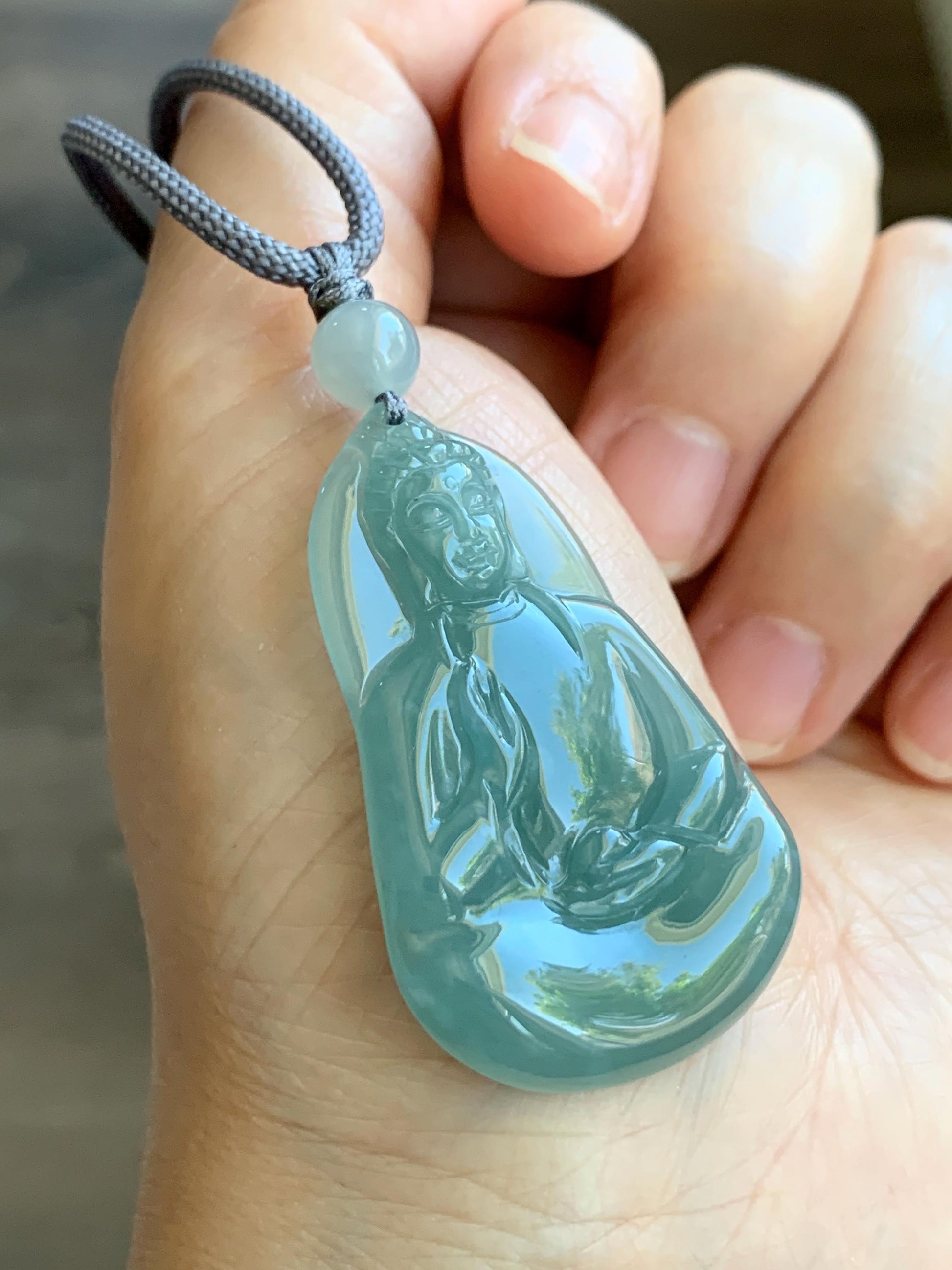 Natural Grade A Guatemalan Icy Translucent Gelatinous Dusty Blue Jadeite Carved Guanyin Pendant Rope Necklace 25” 12g 天然冰胶危浅蓝翡翠素衣观音吊坠 SYG110