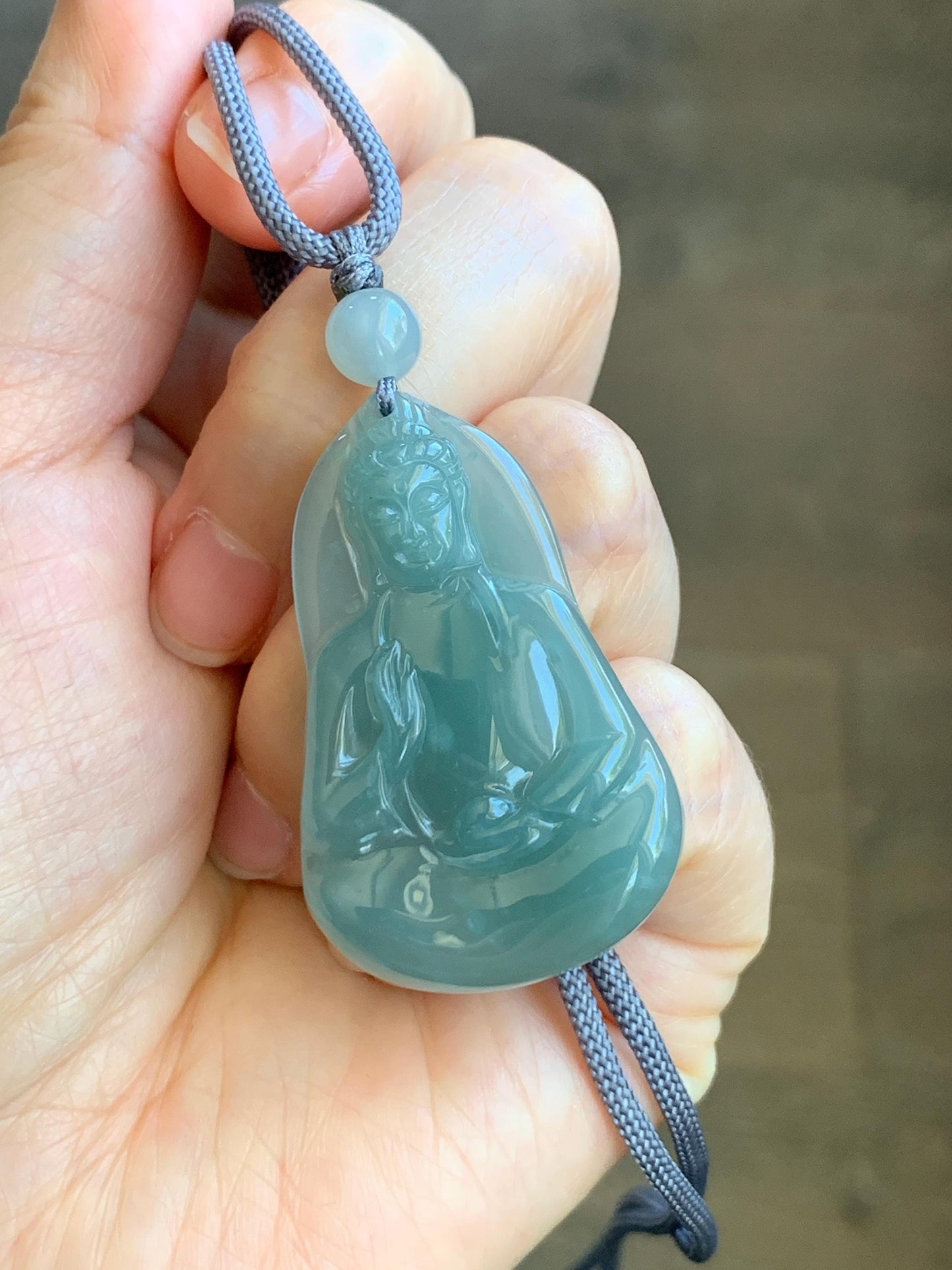 Natural Grade A Guatemalan Icy Translucent Gelatinous Dusty Blue Jadeite Carved Guanyin Pendant Rope Necklace 25” 12g 天然冰胶危浅蓝翡翠素衣观音吊坠 SYG110