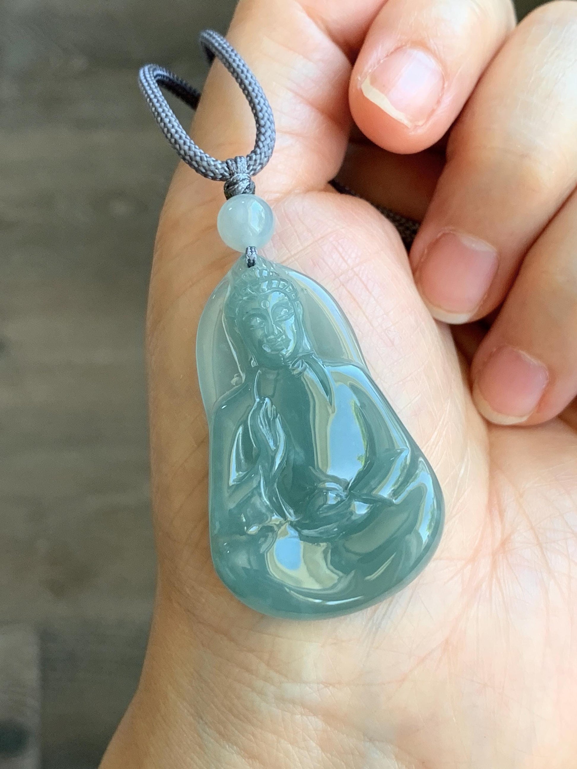 Natural Grade A Guatemalan Icy Translucent Gelatinous Dusty Blue Jadeite Carved Guanyin Pendant Rope Necklace 25” 12g 天然冰胶危浅蓝翡翠素衣观音吊坠 SYG110