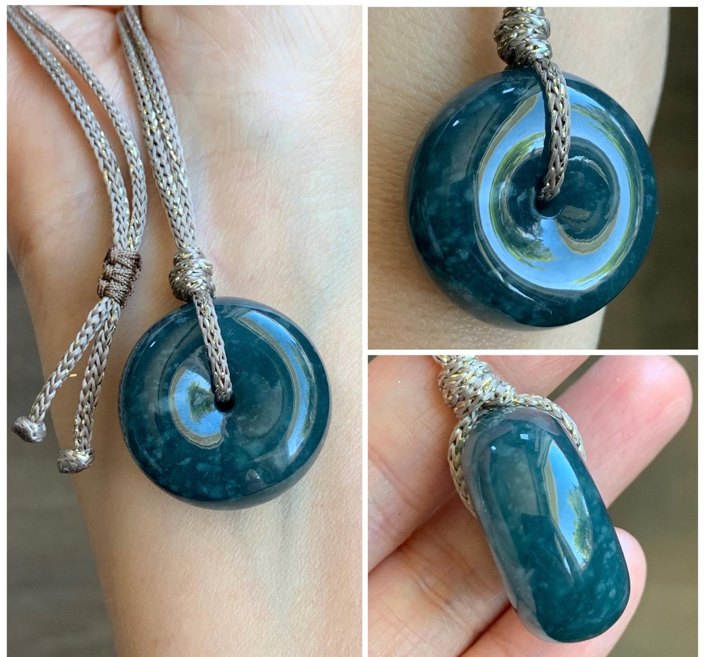 Natural Guatemalan Icy Translucent Dark Teal Blue Jadeite Thick Ping An Kou Donut Pendant Rope Necklace Adjustable 25" 天然冰危深蓝翡翠平安肥扣吊坠 DFP-1