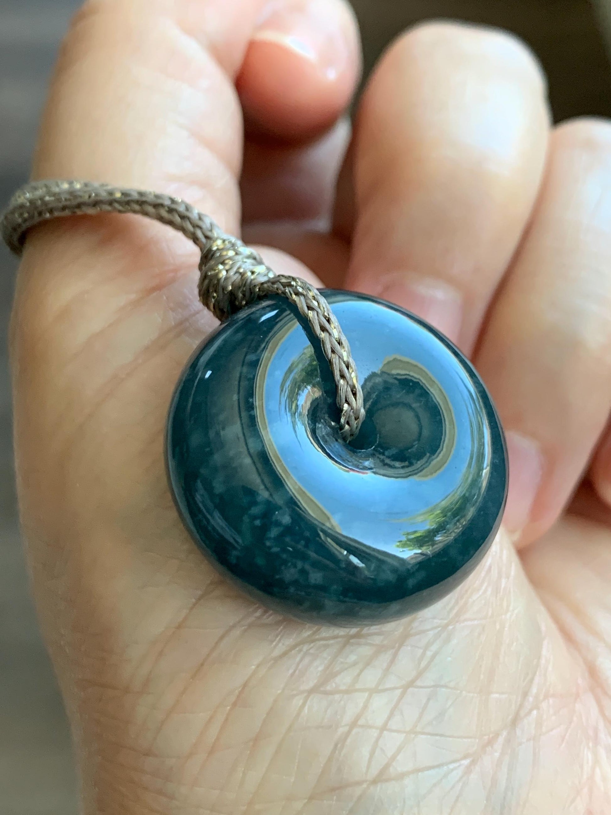 Natural Guatemalan Icy Translucent Dark Teal Blue Jadeite Thick Ping An Kou Donut Pendant Rope Necklace Adjustable 25" 天然冰危深蓝翡翠平安肥扣吊坠 DFP-1