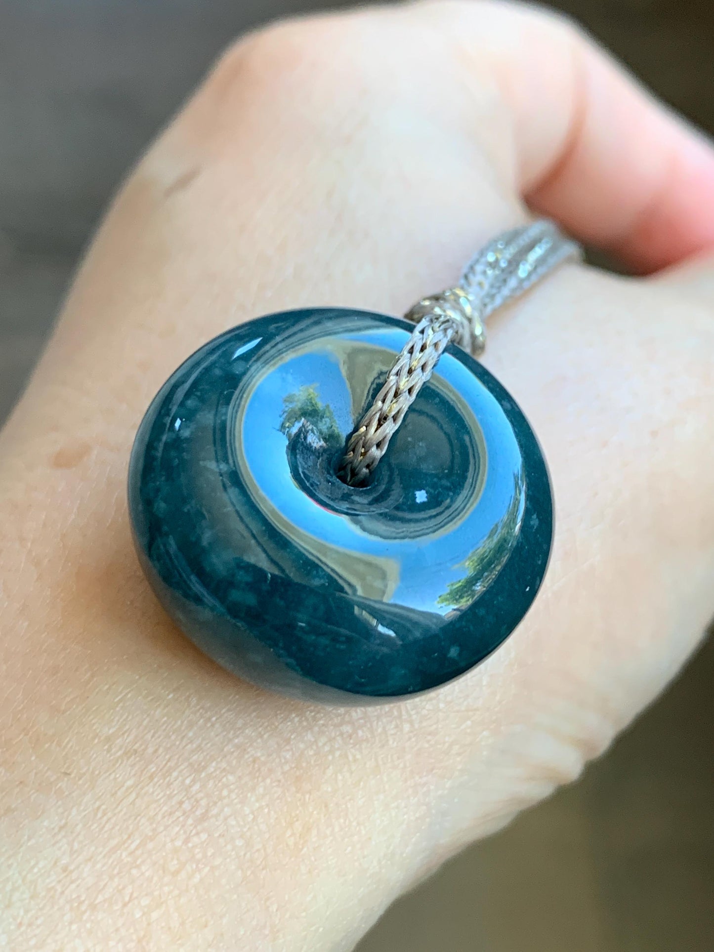 Natural Guatemalan Icy Translucent Dark Teal Blue Jadeite Thick Ping An Kou Donut Pendant Rope Necklace Adjustable 25" 天然冰危深蓝翡翠平安肥扣吊坠 DFP-1