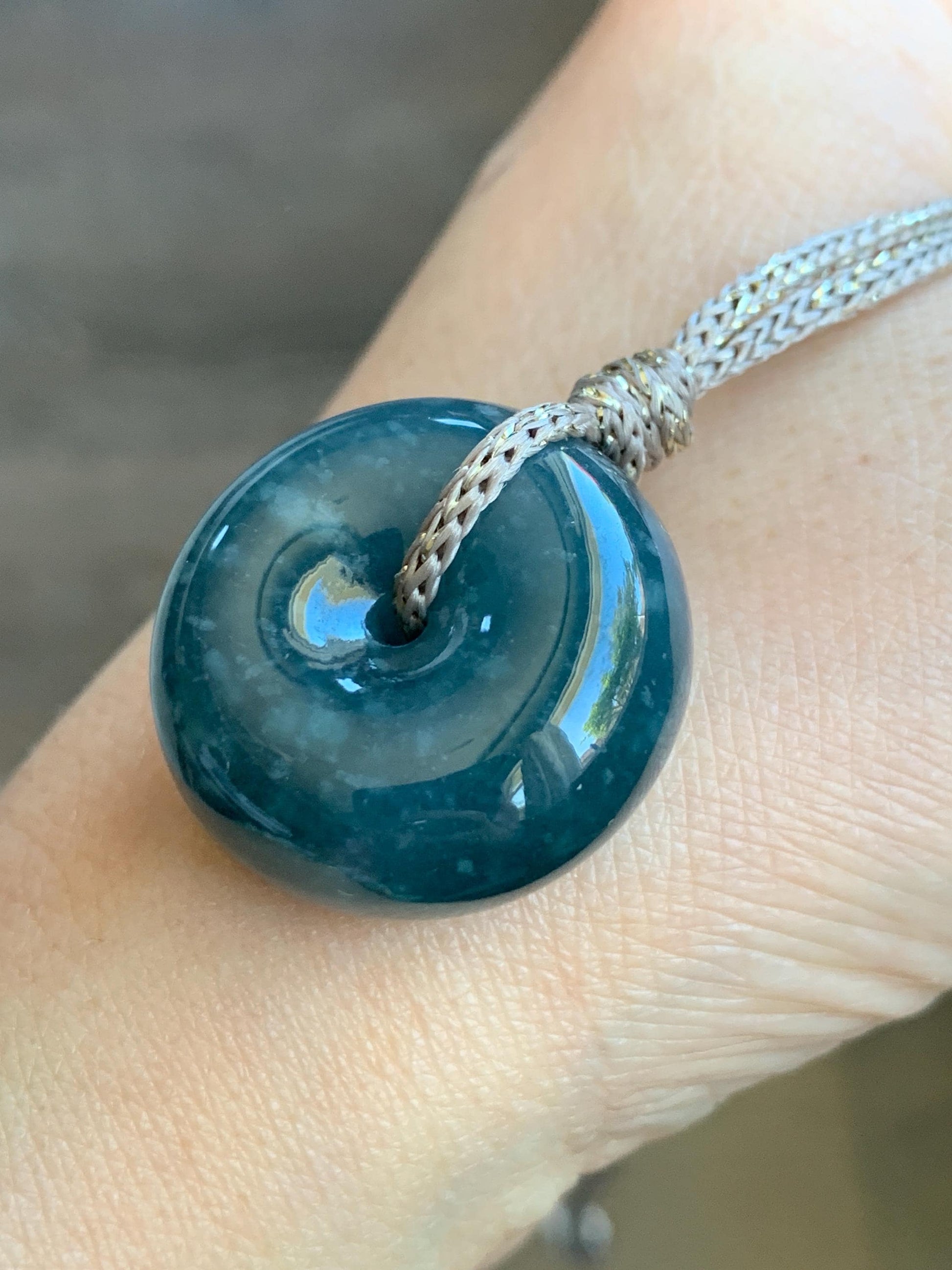 Natural Guatemalan Icy Translucent Dark Teal Blue Jadeite Thick Ping An Kou Donut Pendant Rope Necklace Adjustable 25" 天然冰危深蓝翡翠平安肥扣吊坠 DFP-1