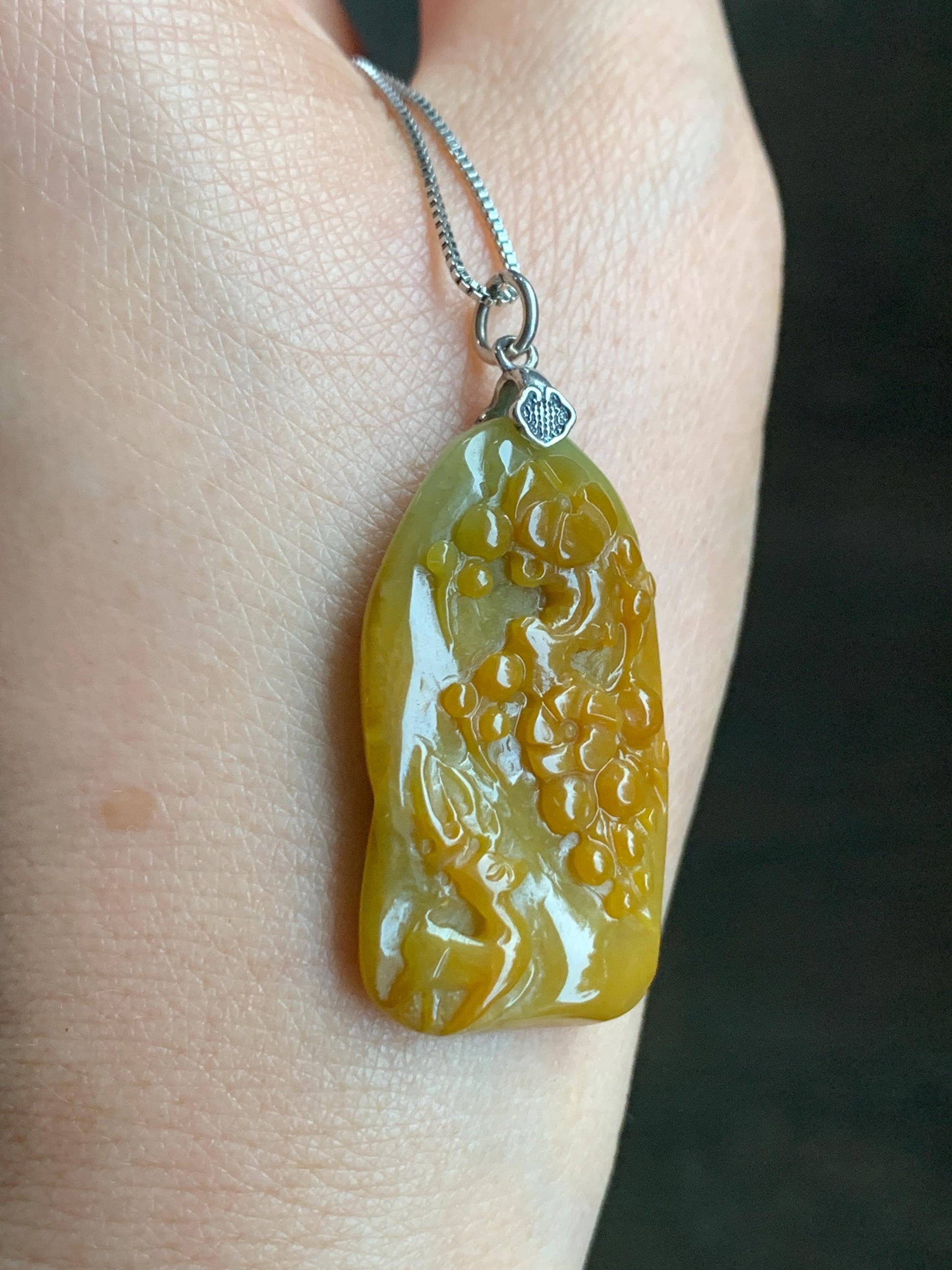 Natural Grade A Guatemalan Icy Translucent Rich Yellow Jadeite Deer Cherry Blossom Pendant Sterling Silver 8g 天然冰危油黄翡翠梅花鹿吊坠挂件 WHL99