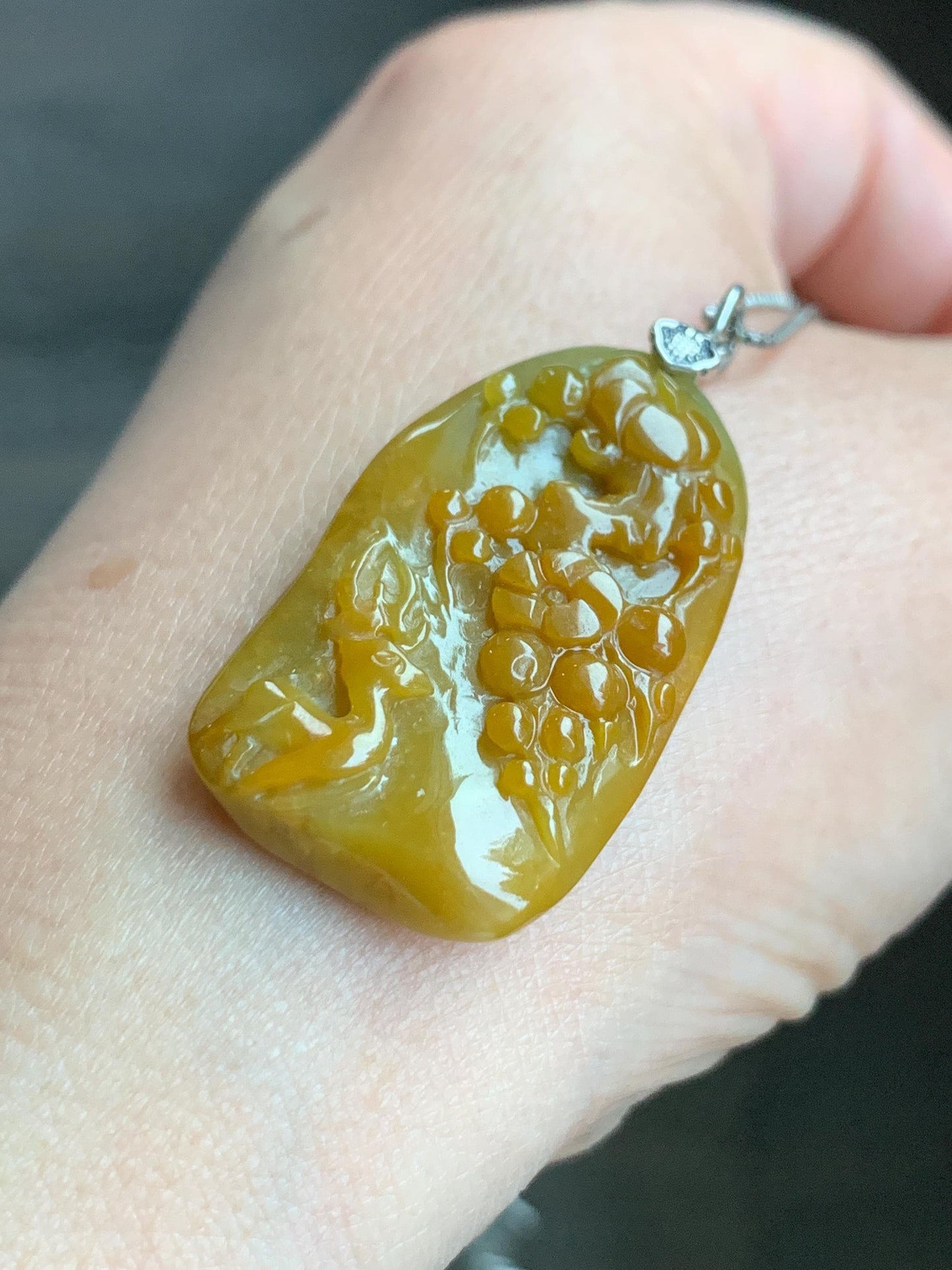 Natural Grade A Guatemalan Icy Translucent Rich Yellow Jadeite Deer Cherry Blossom Pendant Sterling Silver 8g 天然冰危油黄翡翠梅花鹿吊坠挂件 WHL99