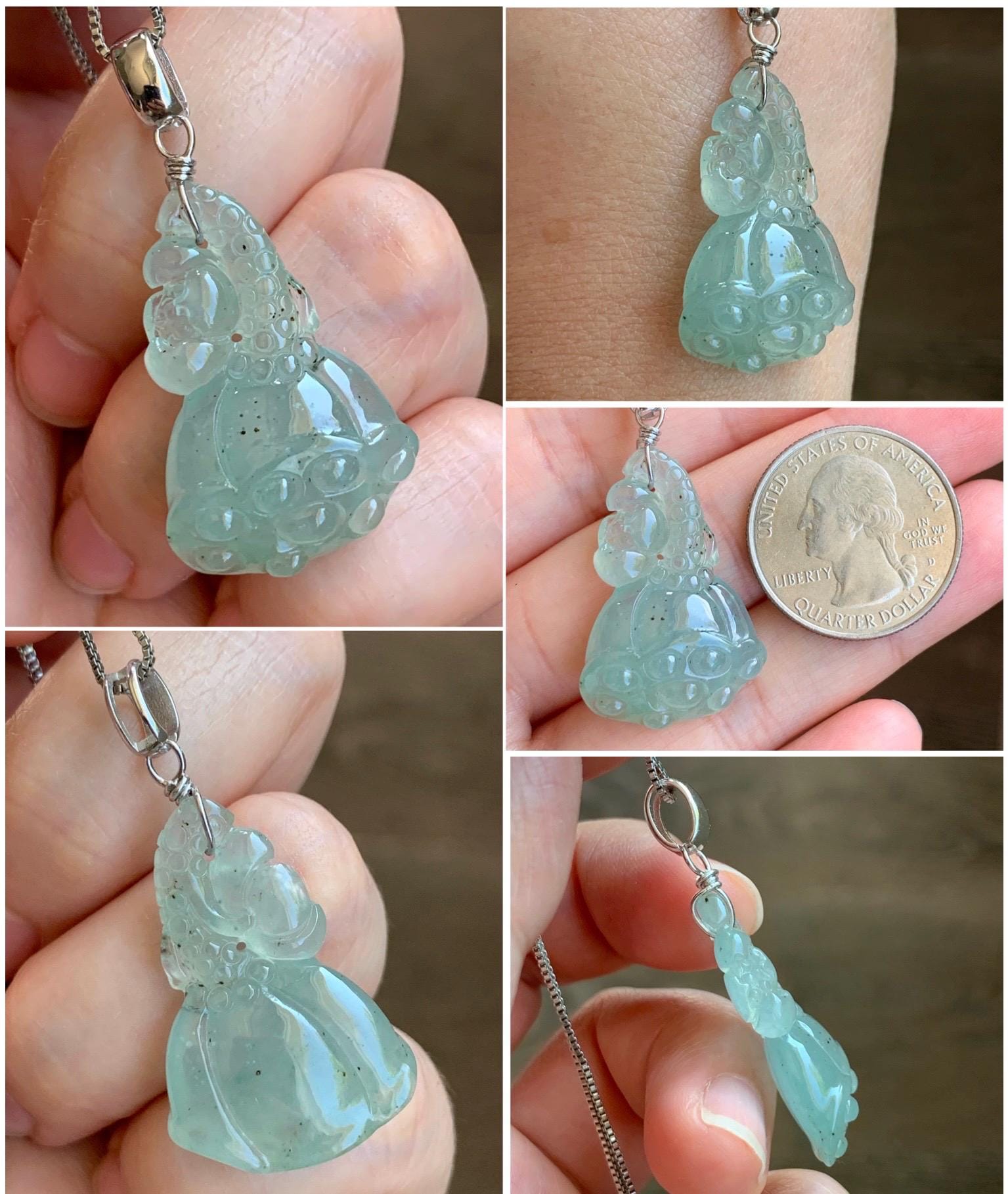Natural Grade A Icy Highly Translucent Gelatinous Light Green Jadeite Lotus Pod Pendant Sterling Silver 5g 天然冰胶晴底翡翠莲蓬吊坠 MQO169