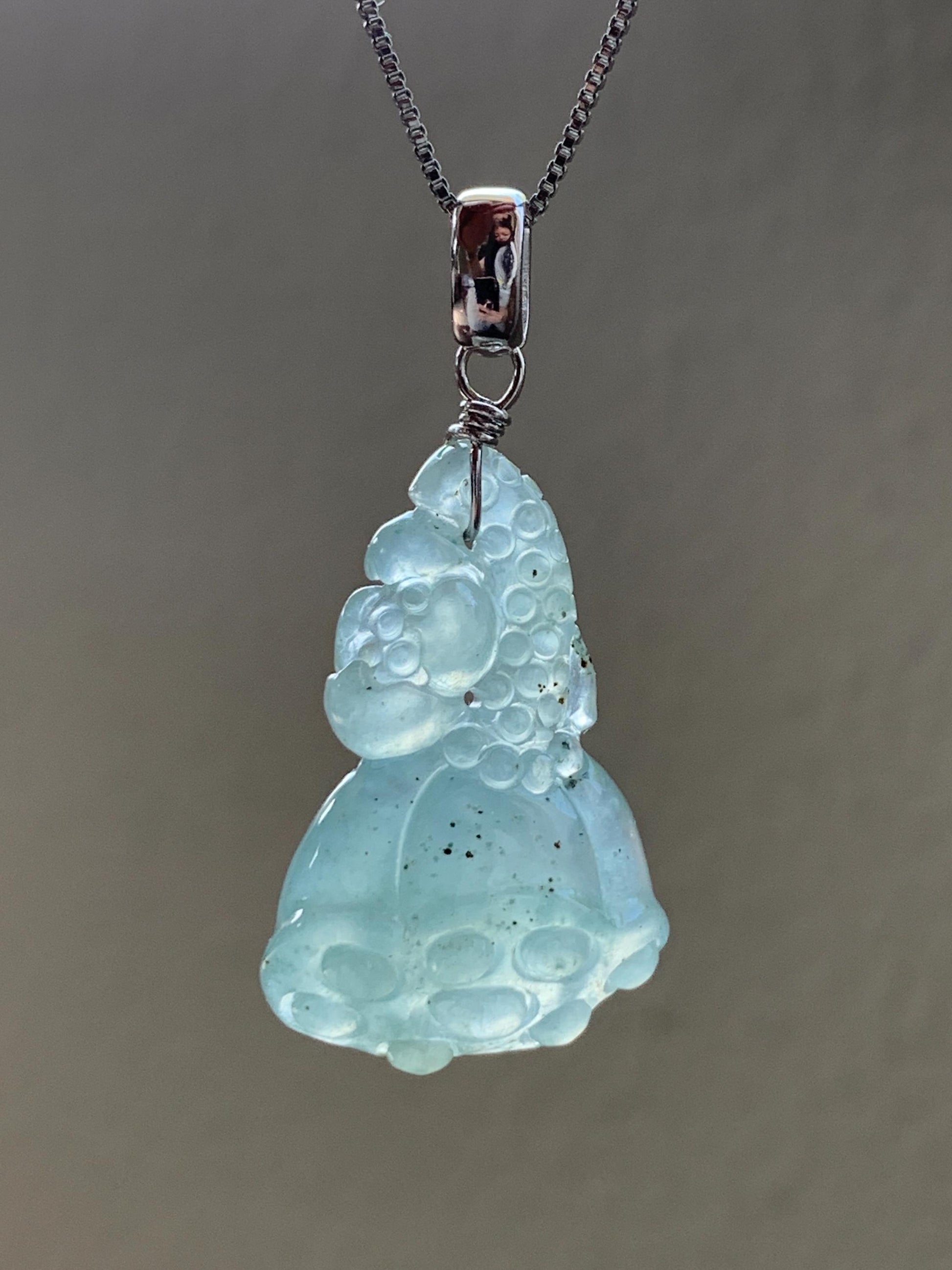 Natural Grade A Icy Highly Translucent Gelatinous Light Green Jadeite Lotus Pod Pendant Sterling Silver 5g 天然冰胶晴底翡翠莲蓬吊坠 MQO169