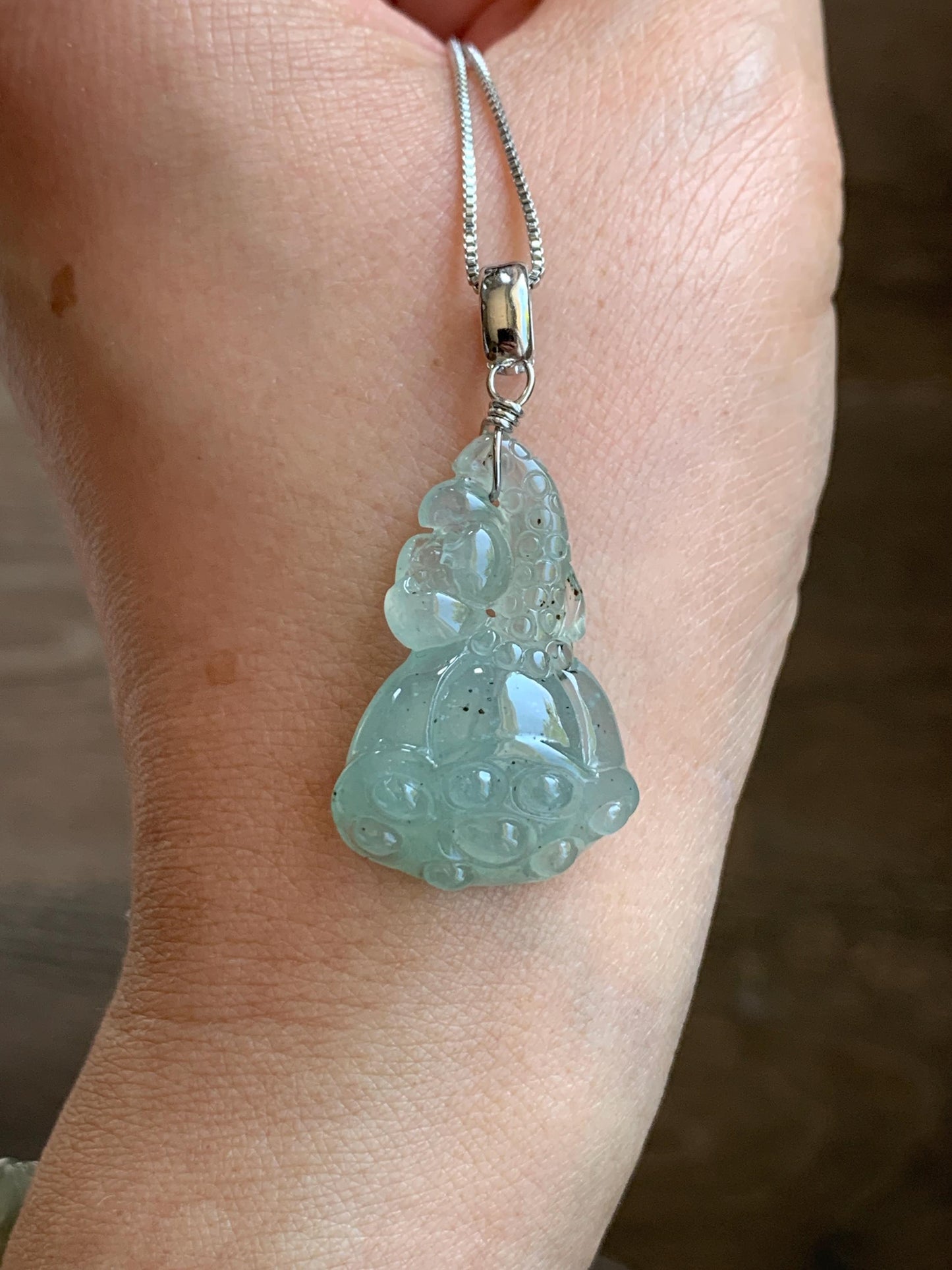 Natural Grade A Icy Highly Translucent Gelatinous Light Green Jadeite Lotus Pod Pendant Sterling Silver 5g 天然冰胶晴底翡翠莲蓬吊坠 MQO169