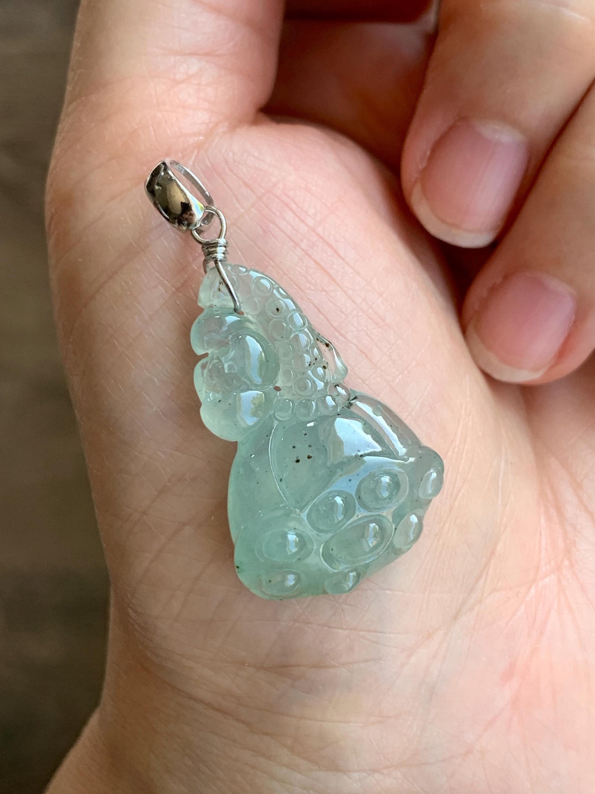 Natural Grade A Icy Highly Translucent Gelatinous Light Green Jadeite Lotus Pod Pendant Sterling Silver 5g 天然冰胶晴底翡翠莲蓬吊坠 MQO169