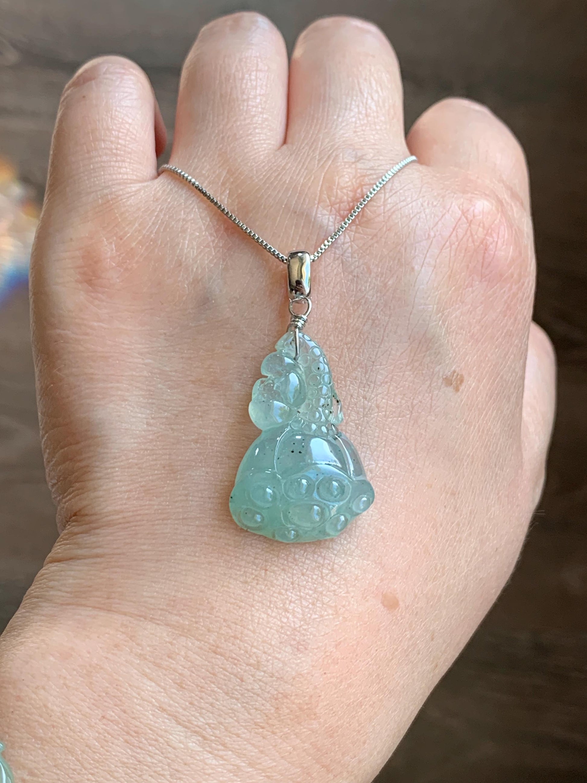 Natural Grade A Icy Highly Translucent Gelatinous Light Green Jadeite Lotus Pod Pendant Sterling Silver 5g 天然冰胶晴底翡翠莲蓬吊坠 MQO169