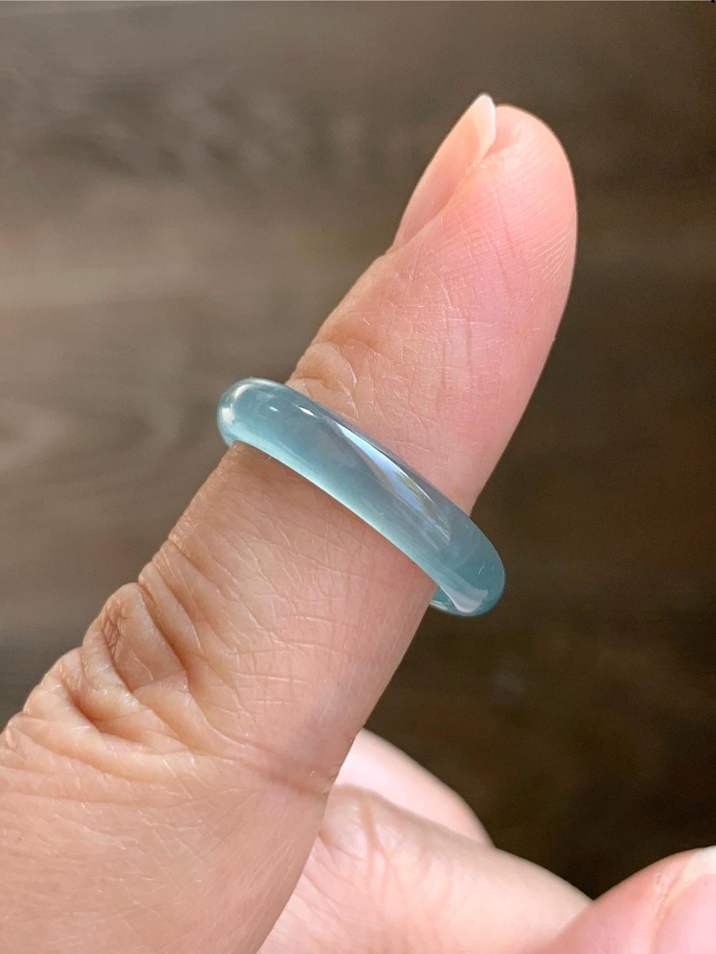 Natural Grade A Guatemalan Icy Highly Translucent Gelatinous Light Teal Blue Jade Jadeite Band Ring Size 6.5 US 天然冰危浅蓝起光翡翠戒圈 WLK44-A