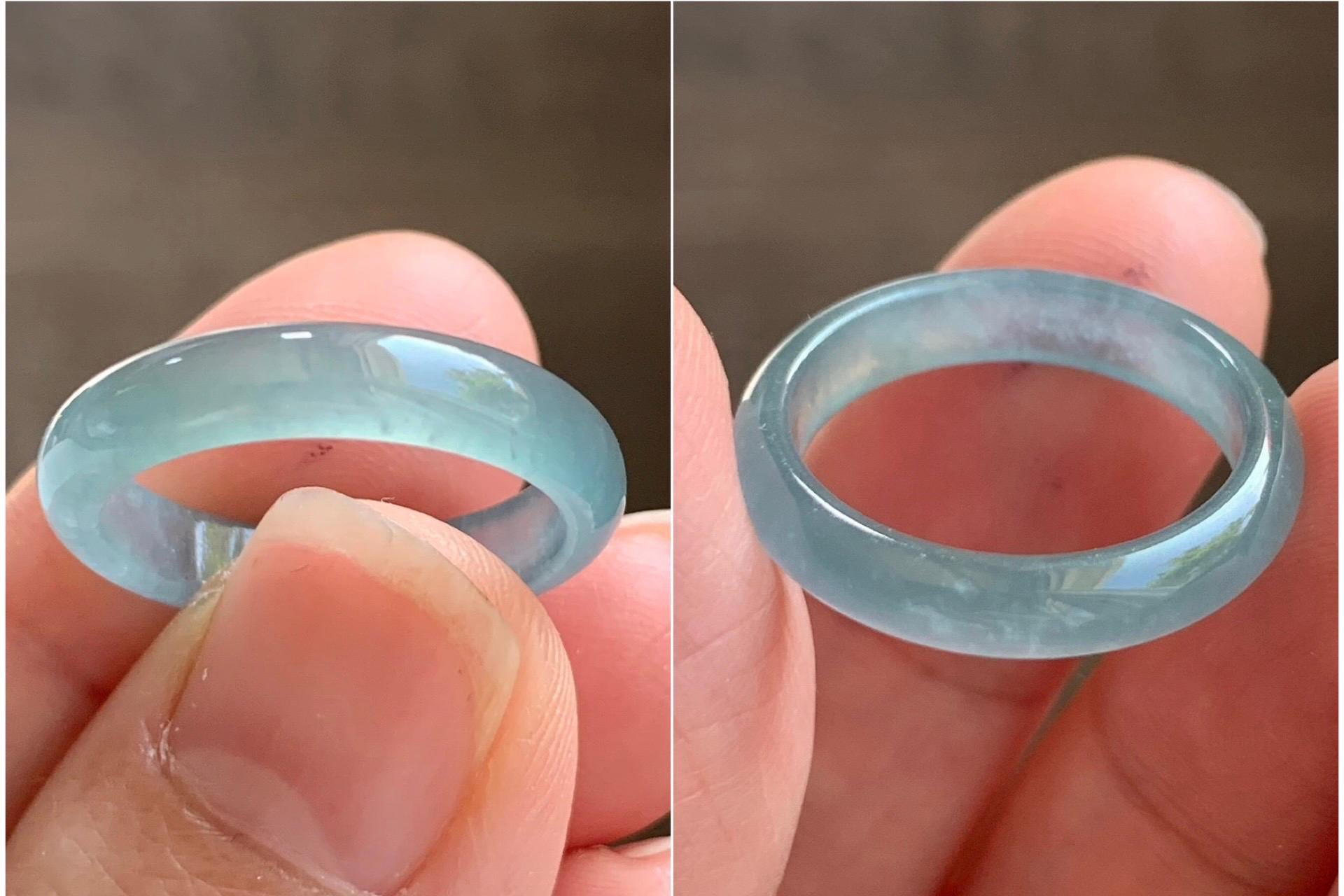 Natural Grade A Guatemalan Icy Highly Translucent Gelatinous Light Teal Blue Jade Jadeite Band Ring Size 6.5 US 天然冰危浅蓝起光翡翠戒圈 WLK44-A