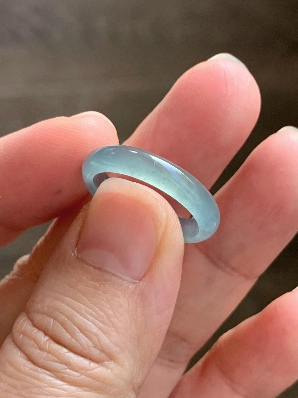 Natural Grade A Guatemalan Icy Highly Translucent Gelatinous Light Teal Blue Jade Jadeite Band Ring Size 6.5 US 天然冰危浅蓝起光翡翠戒圈 WLK44-A