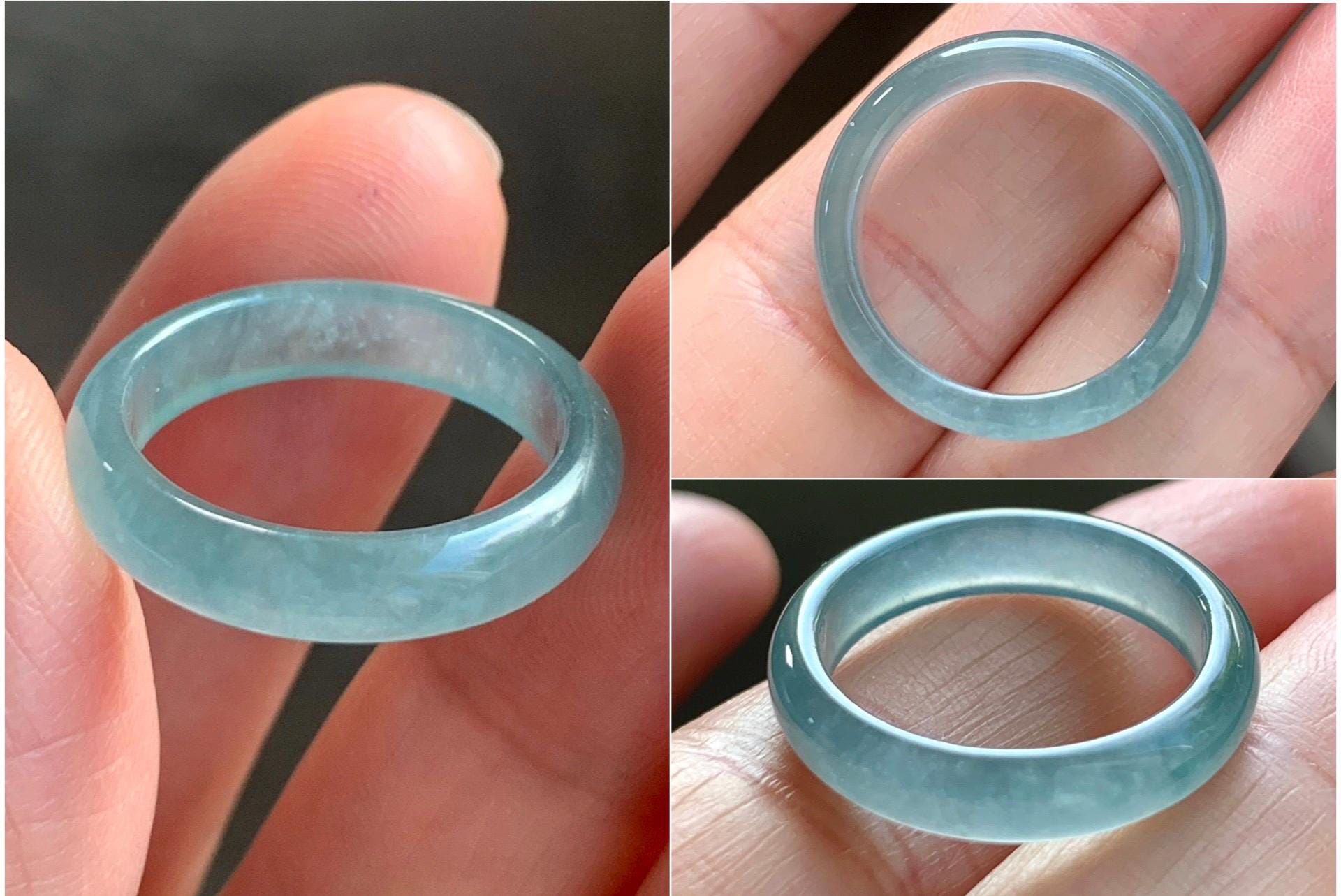 Natural Grade A Guatemalan Icy Highly Translucent Gelatinous Light Teal Blue Jade Jadeite Band Ring Size 6.5 US 天然冰危浅蓝起光翡翠戒圈 WLK44-B