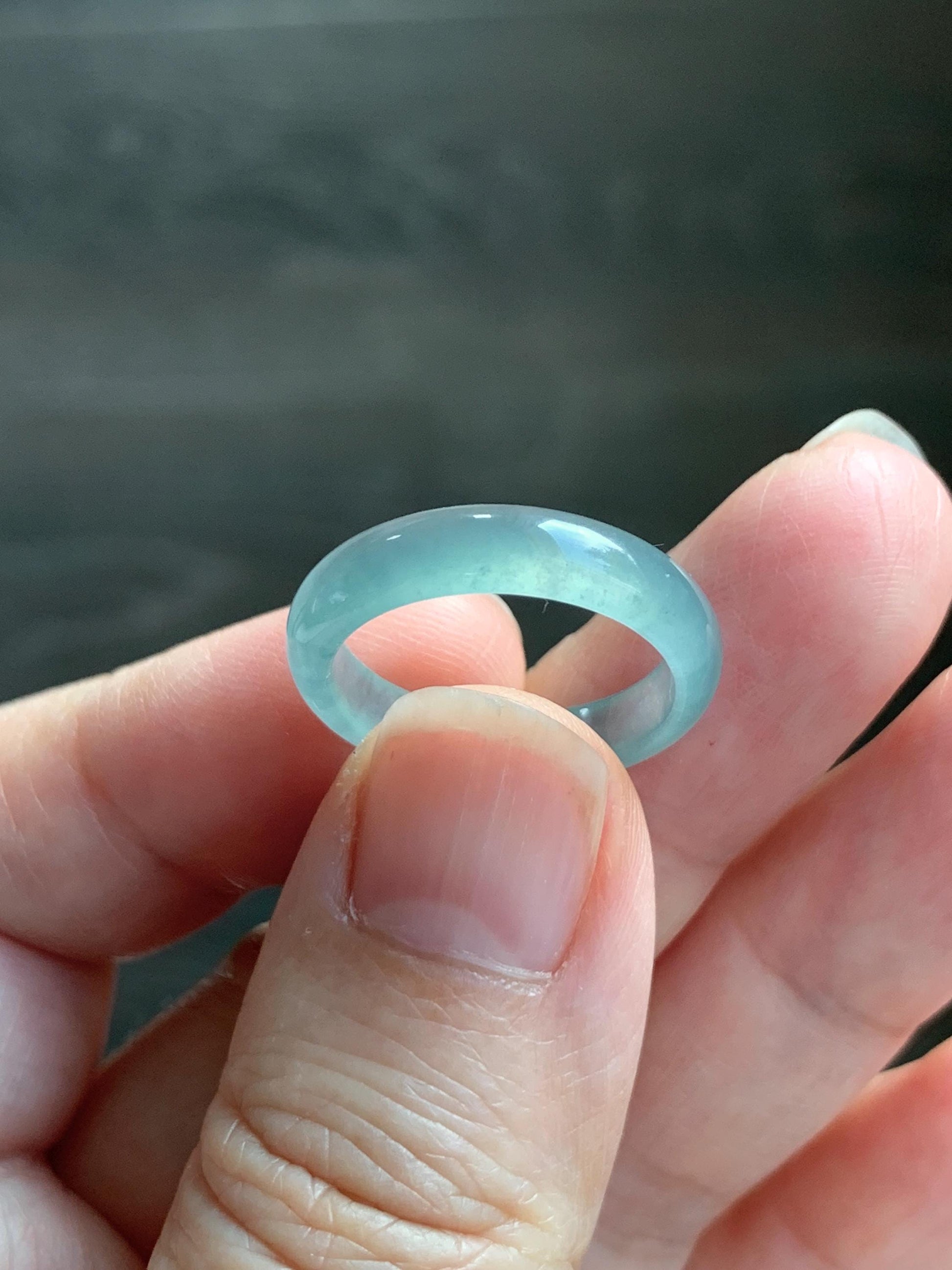 Natural Grade A Guatemalan Icy Highly Translucent Gelatinous Light Teal Blue Jade Jadeite Band Ring Size 6.5 US 天然冰危浅蓝起光翡翠戒圈 WLK44-B