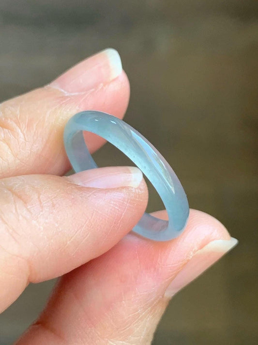 Natural Grade A Guatemalan Icy Highly Translucent Gelatinous Pastel Teal Blue Jade Jadeite Band Ring Size 9 US 天然冰危淡蓝起光翡翠戒圈 WZC44-A
