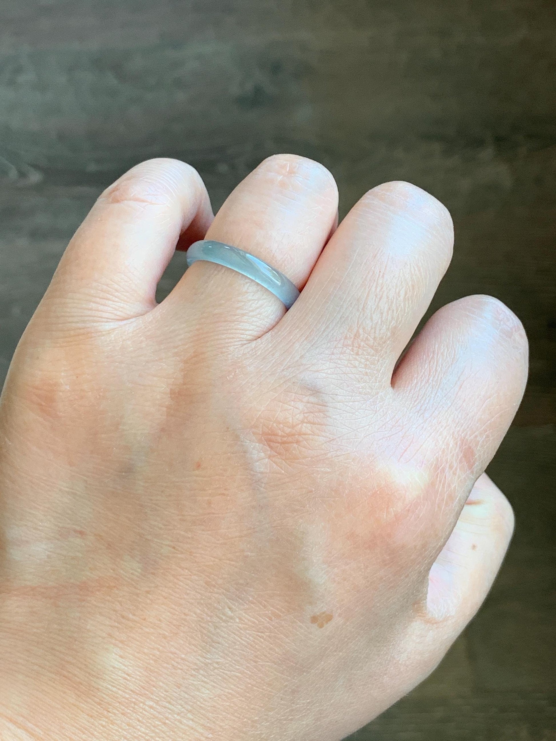 Natural Grade A Guatemalan Icy Highly Translucent Gelatinous Pastel Teal Blue Jade Jadeite Band Ring Size 7.75 US 天然冰危淡蓝起光翡翠戒圈 WZC44-B