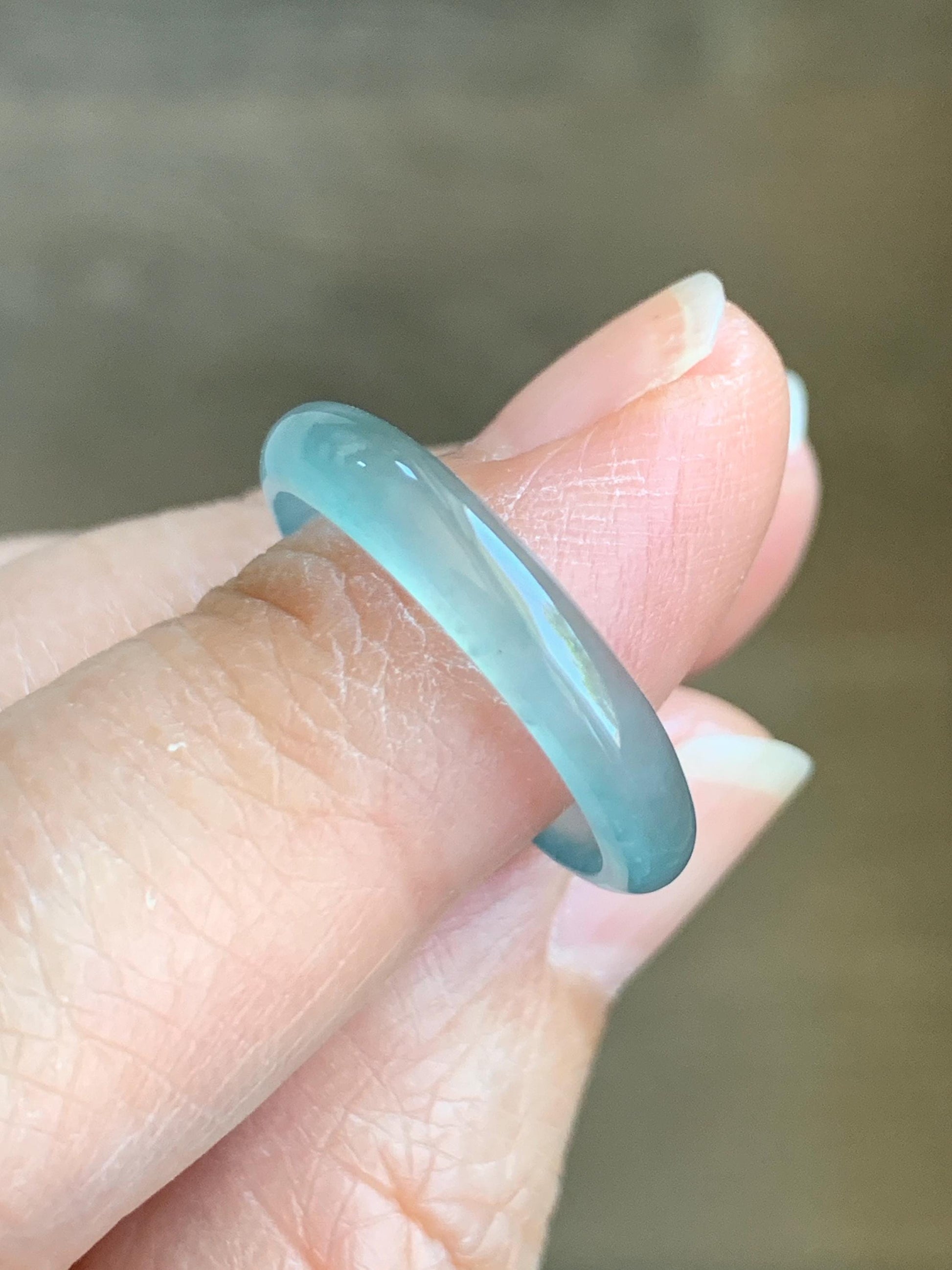Natural Grade A Guatemalan Icy Highly Translucent Gelatinous Pastel Teal Blue Jade Jadeite Band Ring Size 7.75 US 天然冰危淡蓝起光翡翠戒圈 WZC44-C