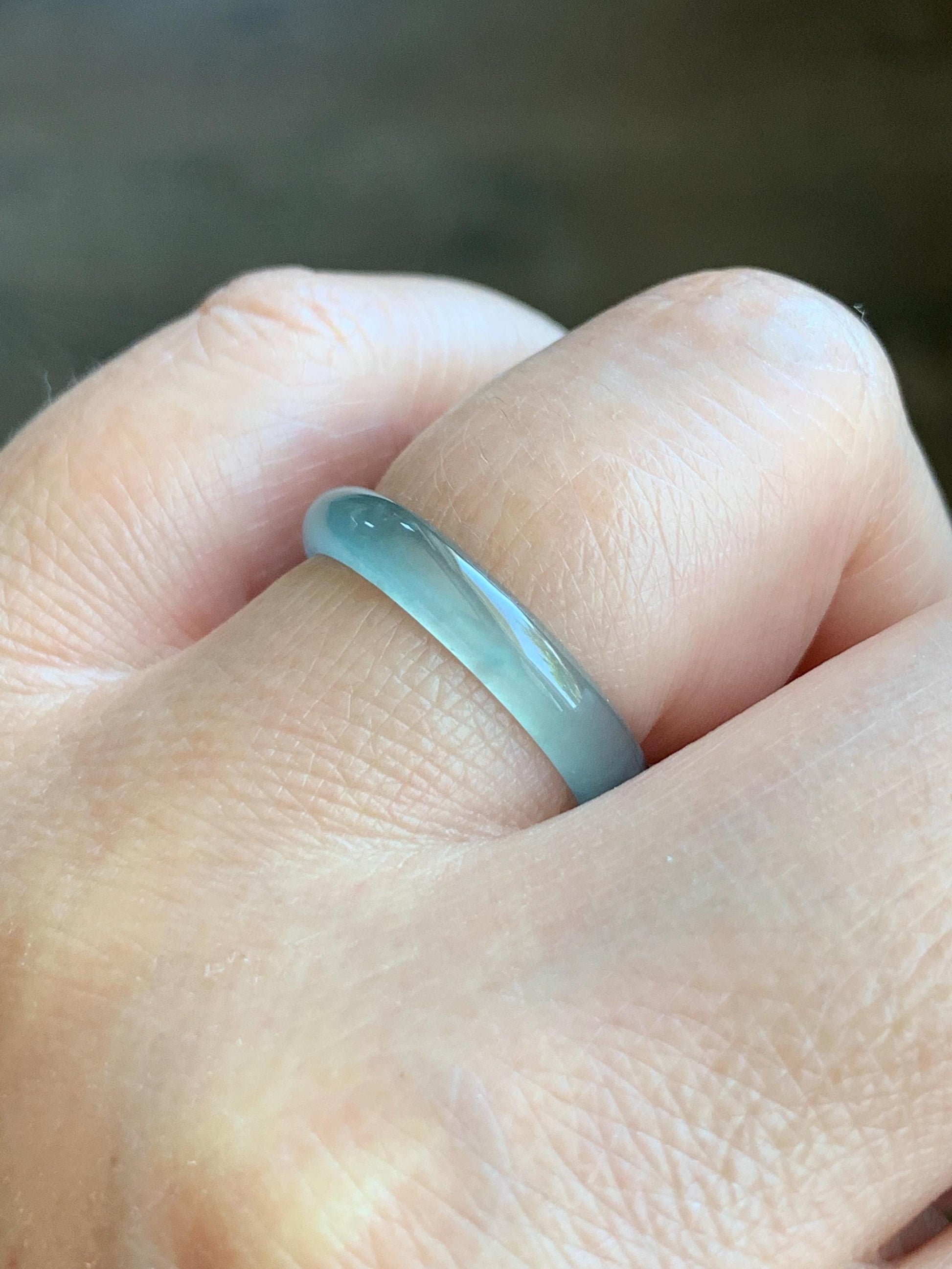 Natural Grade A Guatemalan Icy Highly Translucent Gelatinous Pastel Teal Blue Jade Jadeite Band Ring Size 7.75 US 天然冰危淡蓝起光翡翠戒圈 WZC44-C