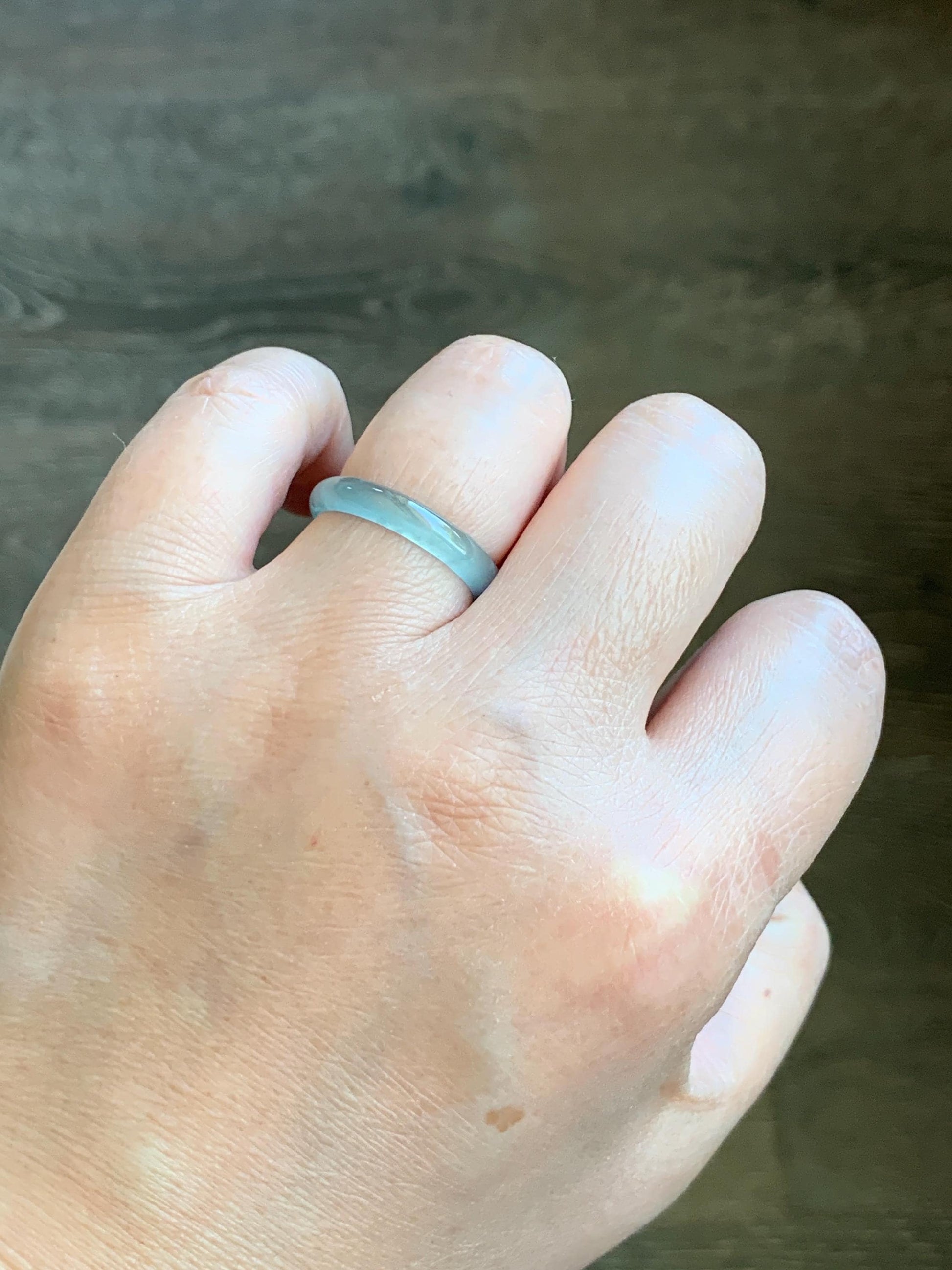 Natural Grade A Guatemalan Icy Highly Translucent Gelatinous Pastel Teal Blue Jade Jadeite Band Ring Size 7.75 US 天然冰危淡蓝起光翡翠戒圈 WZC44-C