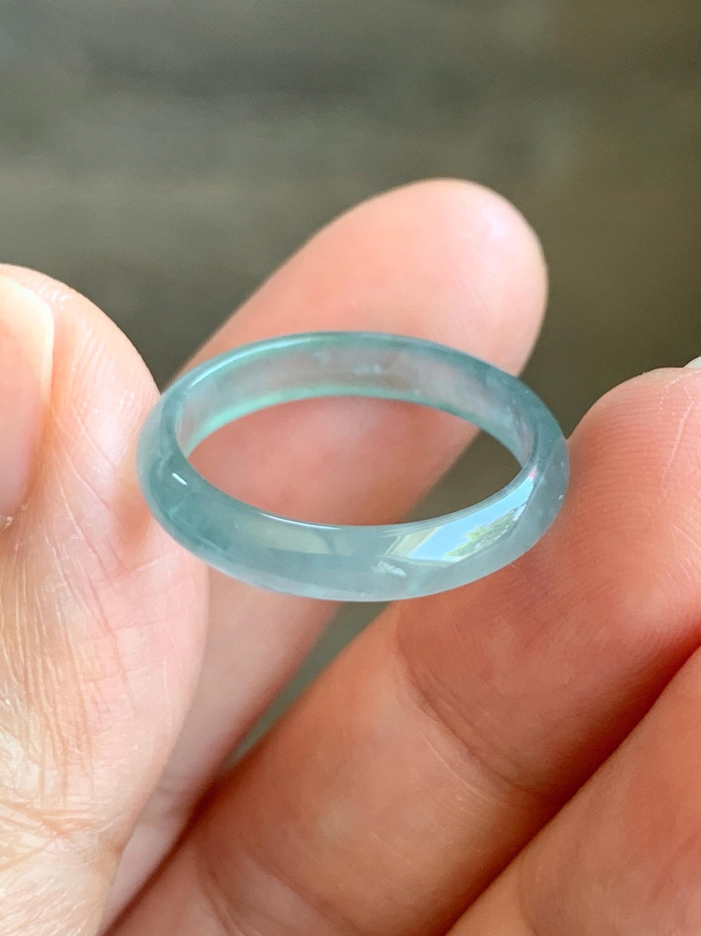 Natural Grade A Guatemalan Icy Highly Translucent Gelatinous Pastel Teal Blue Jade Jadeite Band Ring Size 7.75 US 天然冰危淡蓝起光翡翠戒圈 WZC44-C