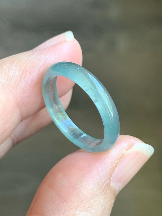 Natural Grade A Guatemalan Icy Highly Translucent Gelatinous Pastel Teal Blue Jade Jadeite Band Ring Size 7.75 US 天然冰危淡蓝起光翡翠戒圈 WZC44-C