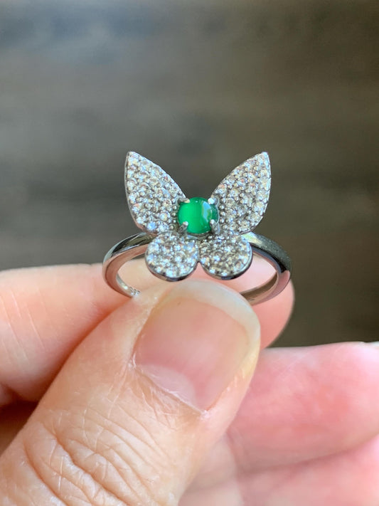 Natural Grade A Guatemalan Icy Translucent Vibrant Green Jadeite Butterfly Design Ring Sterling Silver Ring Adjustable 天然冰危绿翡翠蝴蝶银镶戒指 WLHD68