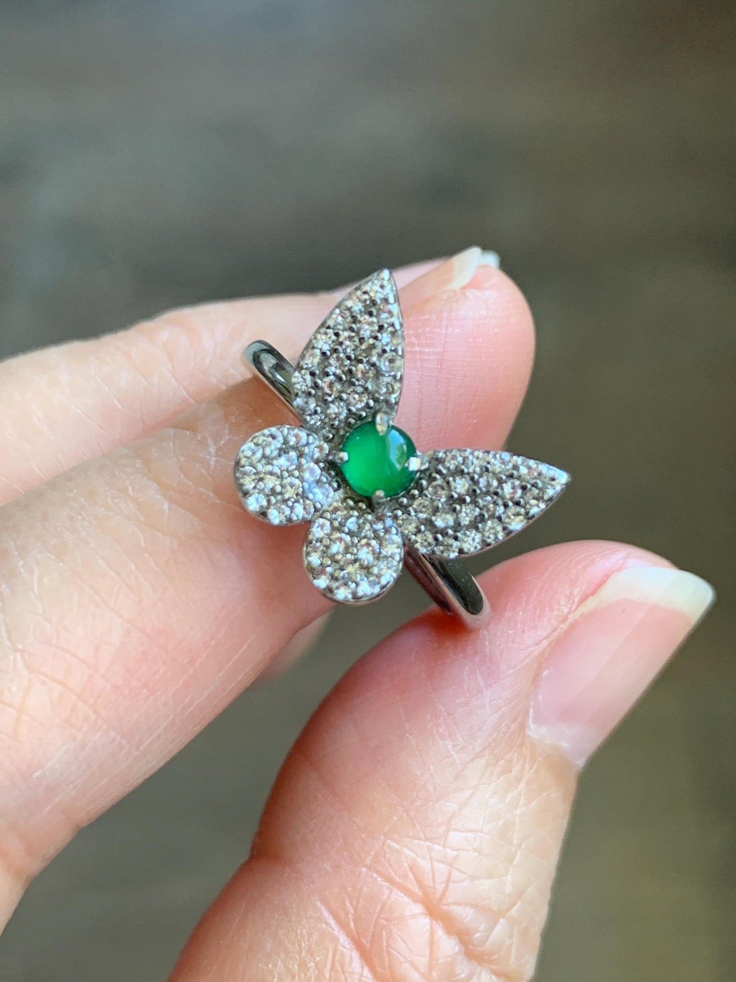 Natural Grade A Guatemalan Icy Translucent Vibrant Green Jadeite Butterfly Design Ring Sterling Silver Ring Adjustable 天然冰危绿翡翠蝴蝶银镶戒指 WLHD68