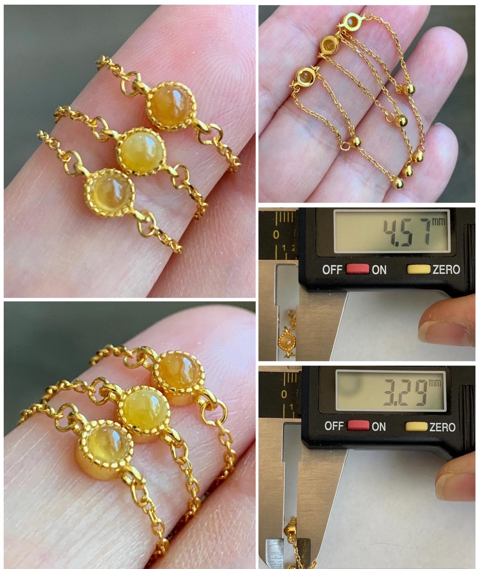 Natural Grade A Icy Translucent Yellow Jade Jadeite Round Cabochon Petite Chain Ring S925 Sterling Silver Adjustable 天然冰黄翡翠镶嵌戒链戒指 LJH33
