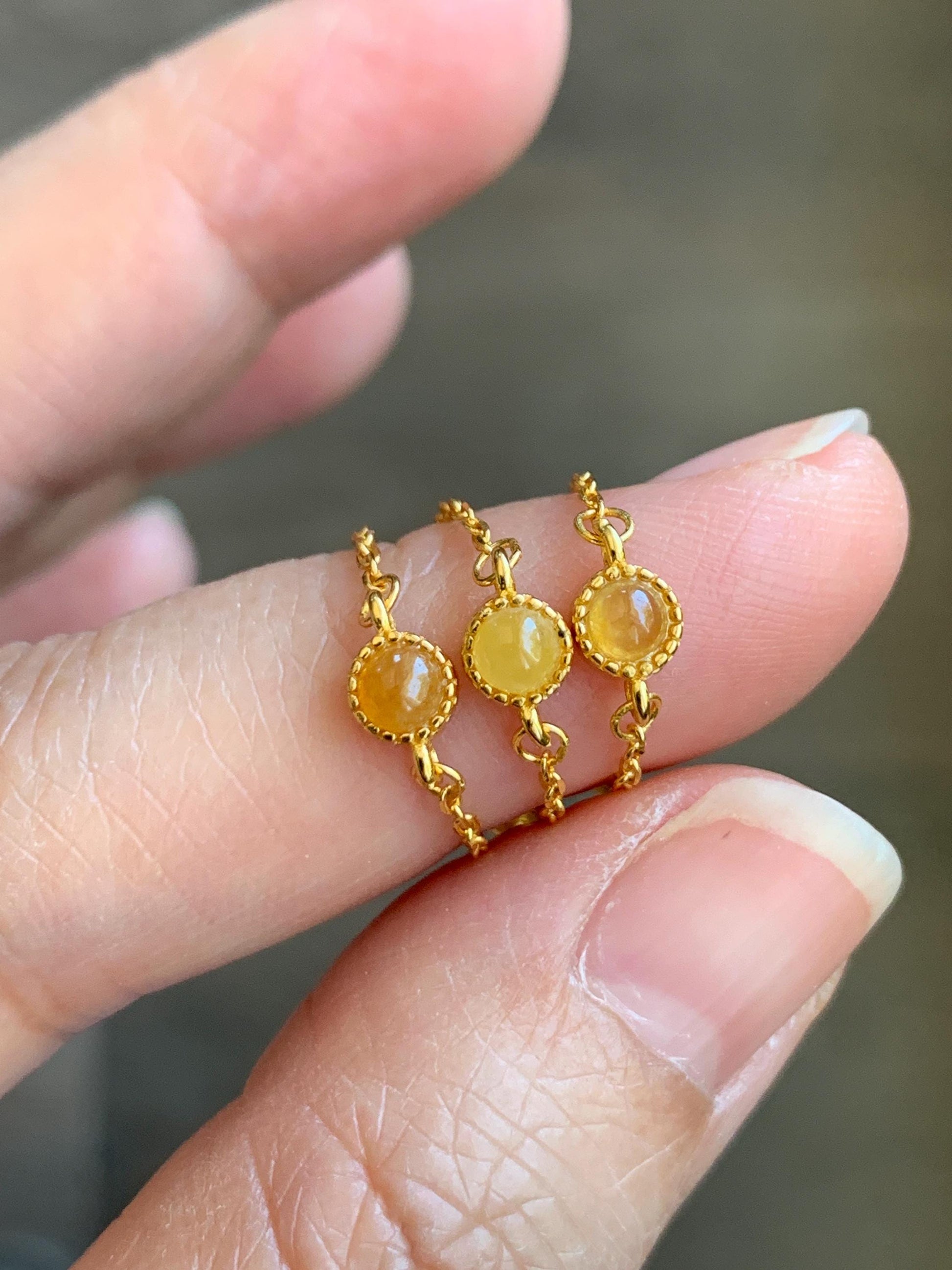 Natural Grade A Icy Translucent Yellow Jade Jadeite Round Cabochon Petite Chain Ring S925 Sterling Silver Adjustable 天然冰黄翡翠镶嵌戒链戒指 LJH33