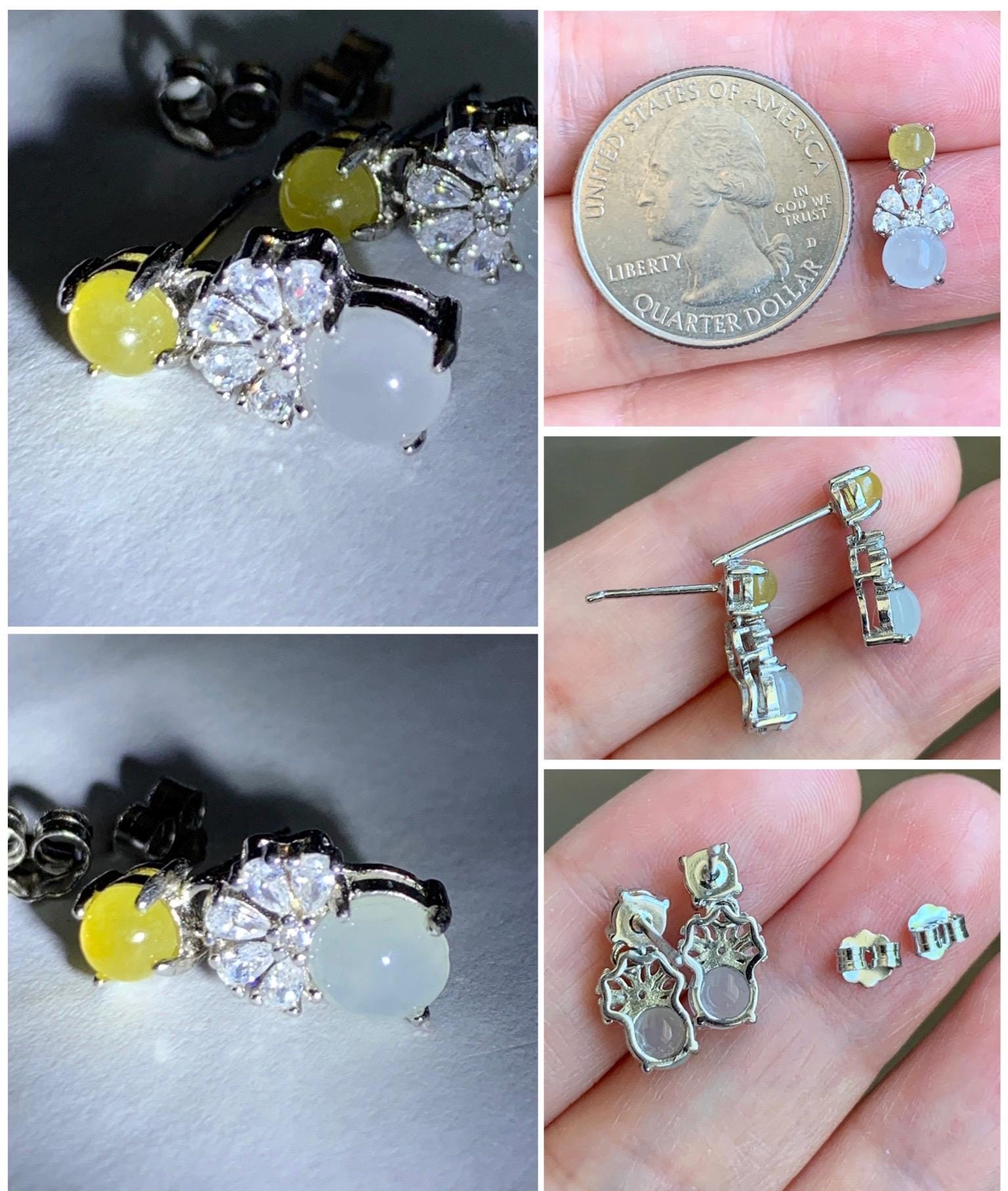 Natural Grade A Icy Highly Translucent Yellow & White Jade Jadeite Stud Dangle Earrings Sterling Silver 天然冰黄白翡翠银镶耳钉 MHB55