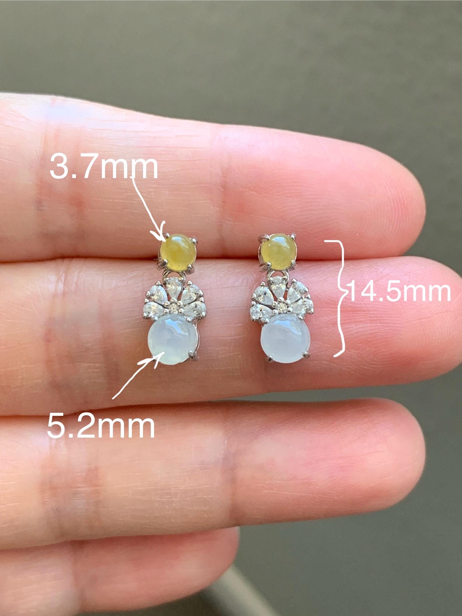 Natural Grade A Icy Highly Translucent Yellow & White Jade Jadeite Stud Dangle Earrings Sterling Silver 天然冰黄白翡翠银镶耳钉 MHB55