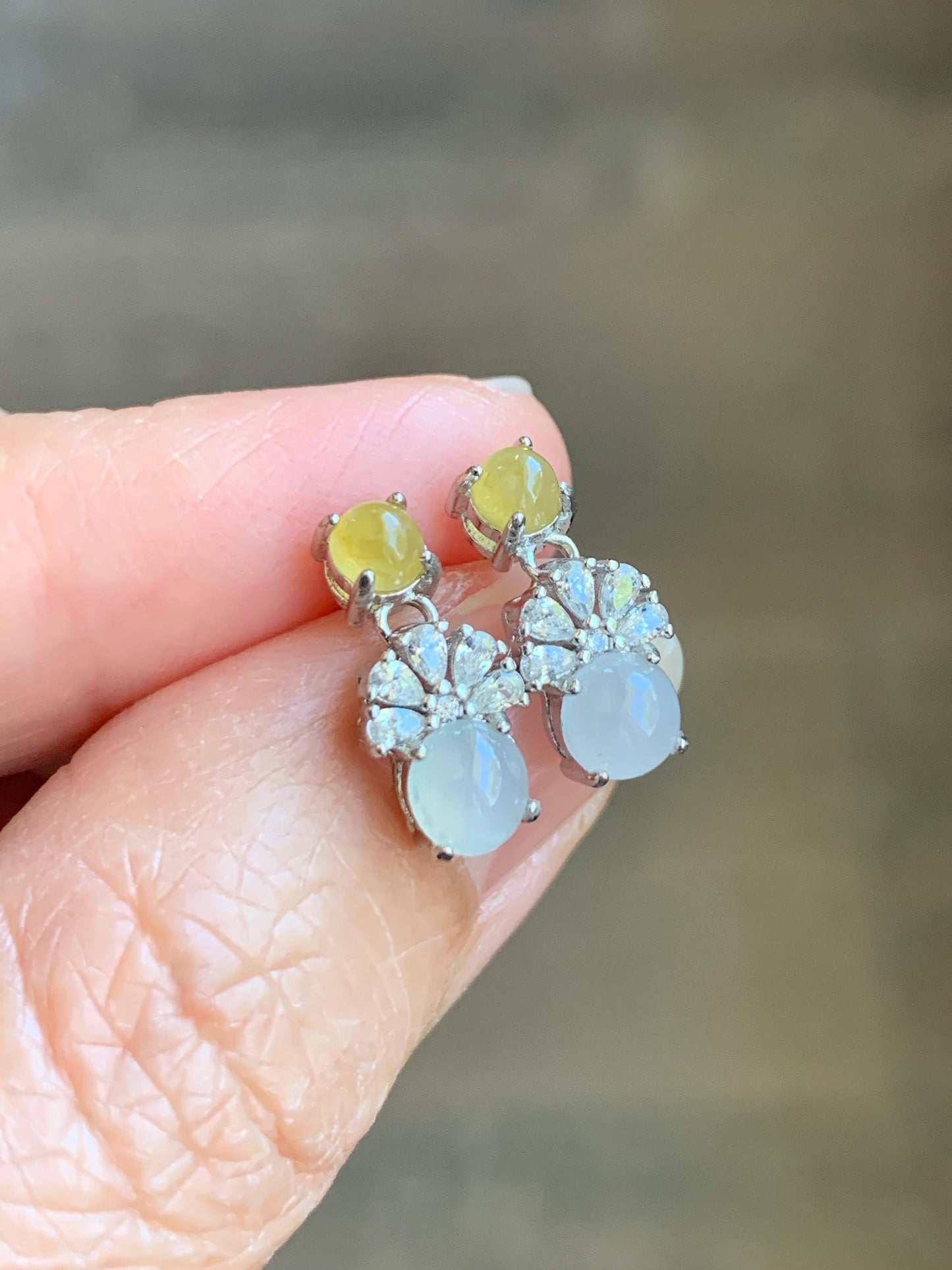 Natural Grade A Icy Highly Translucent Yellow & White Jade Jadeite Stud Dangle Earrings Sterling Silver 天然冰黄白翡翠银镶耳钉 MHB55
