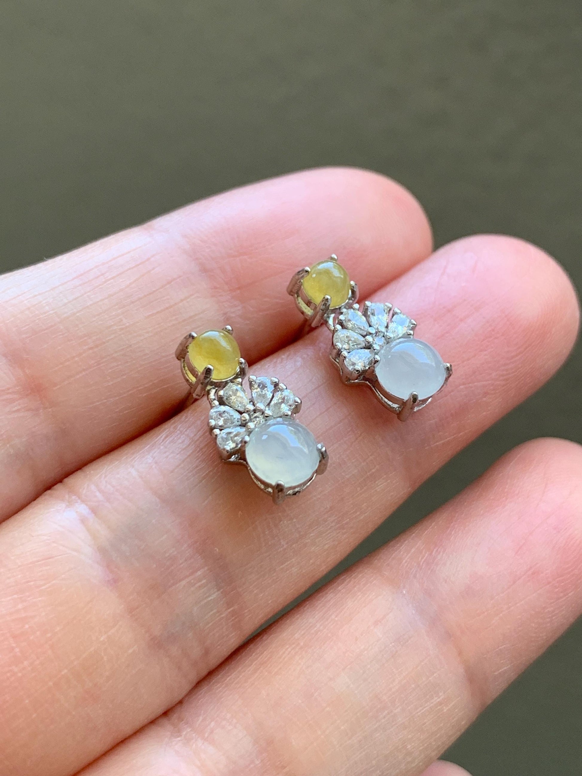 Natural Grade A Icy Highly Translucent Yellow & White Jade Jadeite Stud Dangle Earrings Sterling Silver 天然冰黄白翡翠银镶耳钉 MHB55