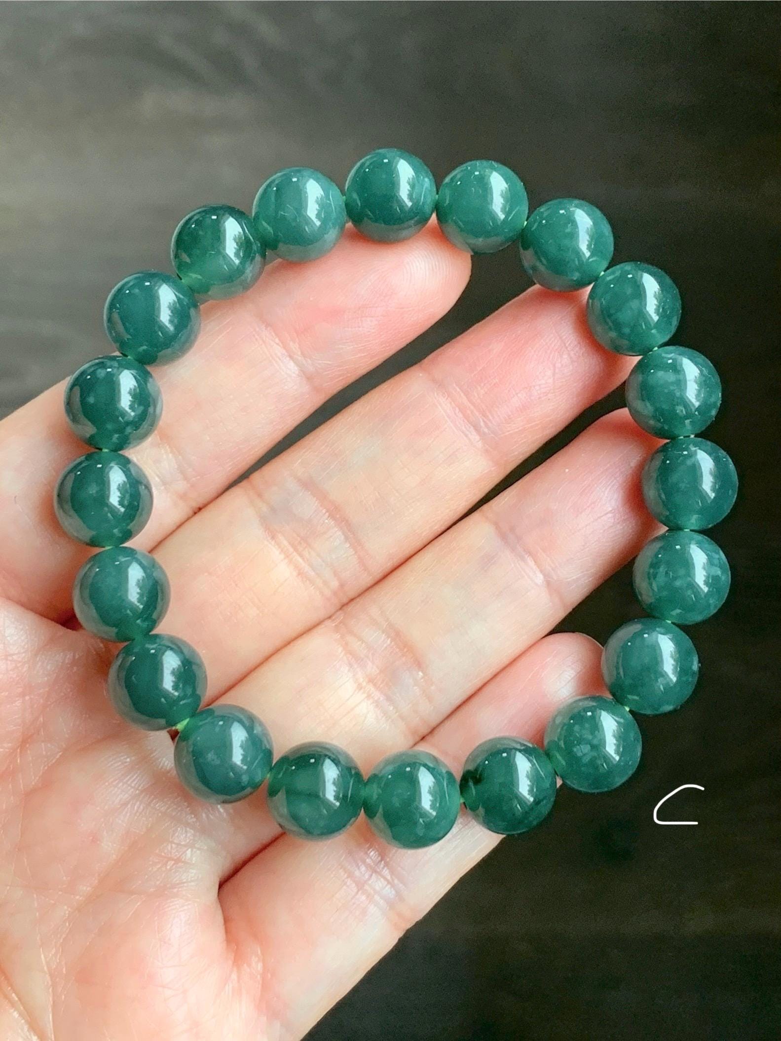 Natural Guatemalan Grade A Icy Translucent Dark Teal Green Jade Jadeite Beaded Bracelet Stretchy 9.8mm 7.25” 33g 天然冰危糯种深蓝绿翡翠圆珠手串 WSL290