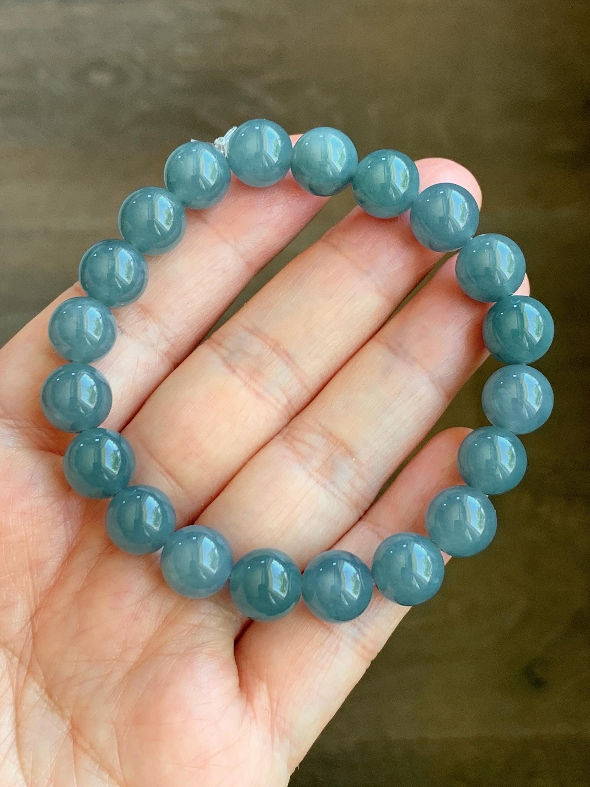 Natural Guatemalan Grade A Icy Translucent Dusty Teal Blue Jade Jadeite Beaded Bracelet Stretchy 9.7mm 7.25” 31g 天然冰危蓝水翡翠圆珠手串 WLZ150