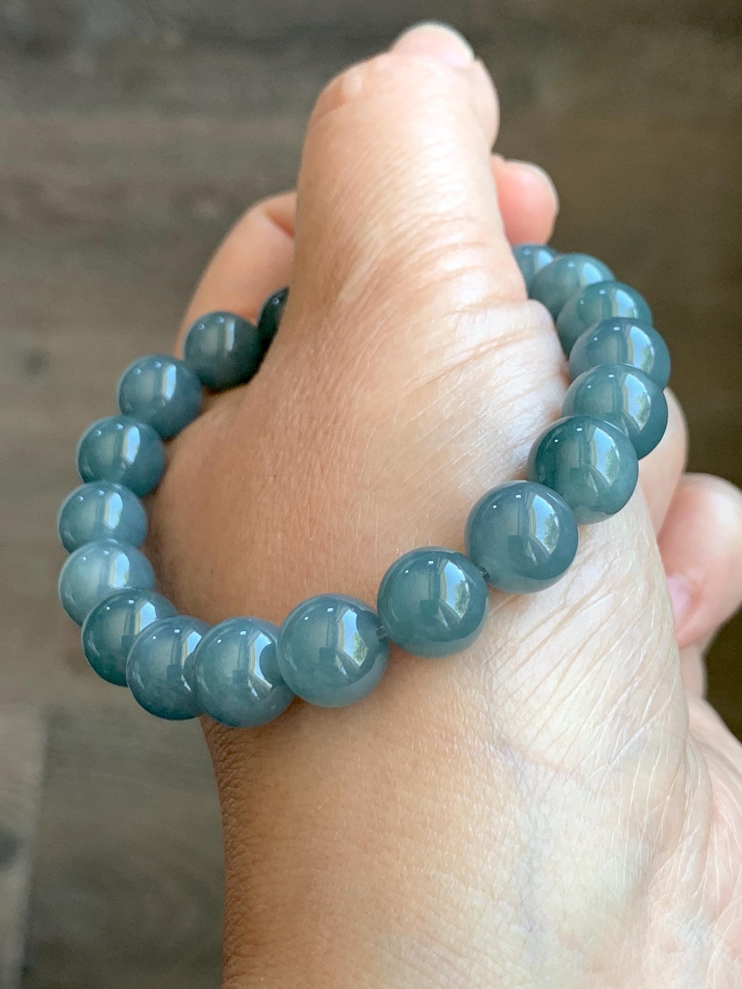 Natural Guatemalan Grade A Icy Translucent Dusty Teal Blue Jade Jadeite Beaded Bracelet Stretchy 9.7mm 7.25” 31g 天然冰危蓝水翡翠圆珠手串 WLZ150