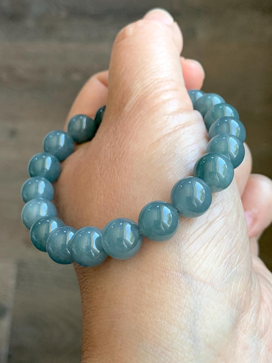 Natural Guatemalan Grade A Icy Translucent Dusty Teal Blue Jade Jadeite Beaded Bracelet Stretchy 9.7mm 7.25” 31g 天然冰危蓝水翡翠圆珠手串 WLZ150