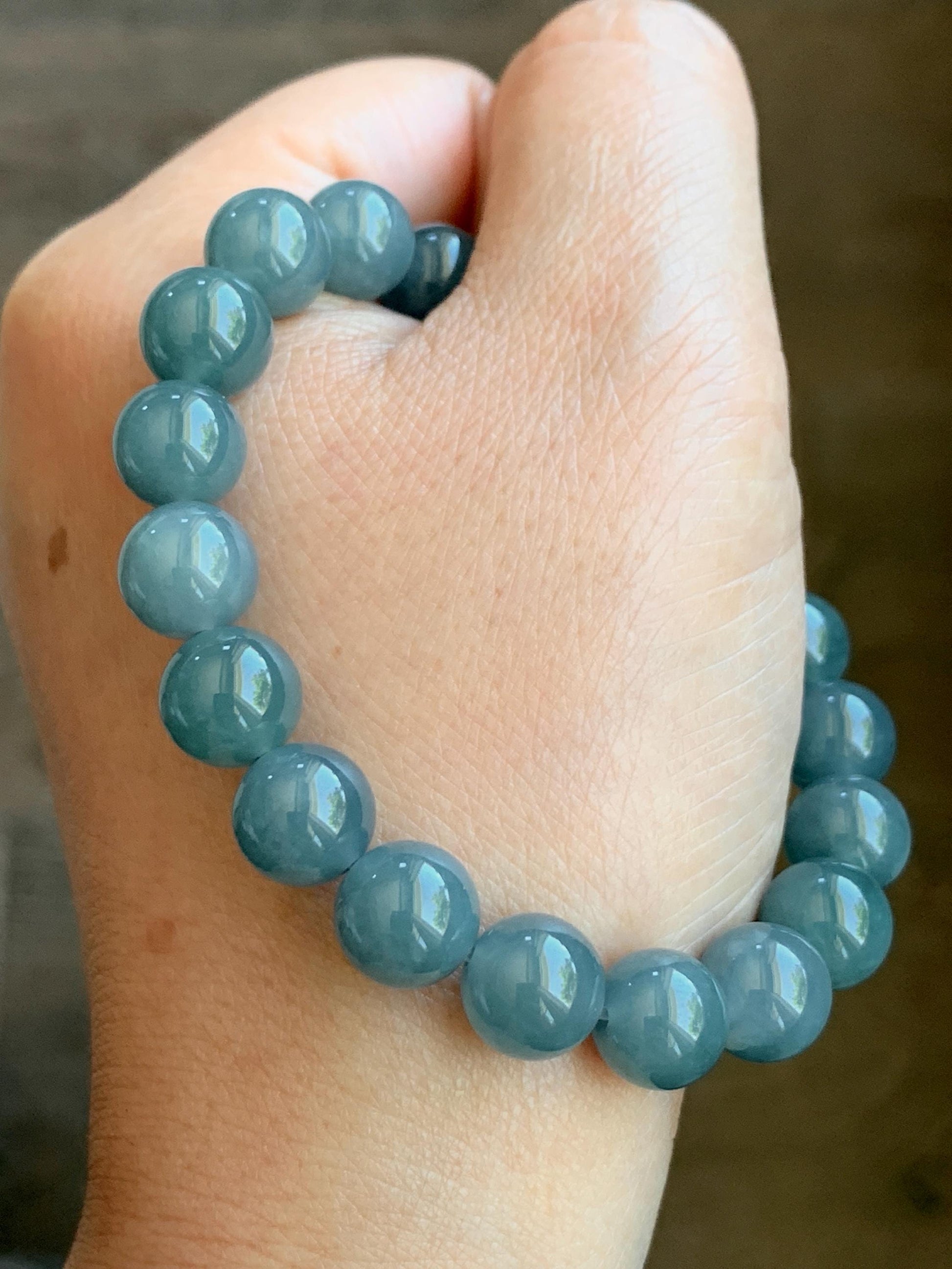 Natural Guatemalan Grade A Icy Translucent Dusty Teal Blue Jade Jadeite Beaded Bracelet Stretchy 9.7mm 7.25” 31g 天然冰危蓝水翡翠圆珠手串 WLZ150
