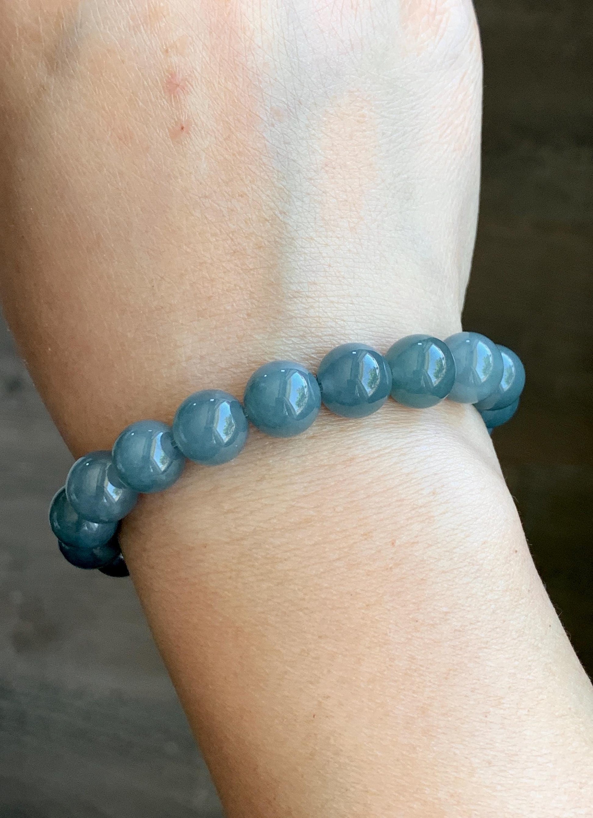 Natural Guatemalan Grade A Icy Translucent Dusty Teal Blue Jade Jadeite Beaded Bracelet Stretchy 9.7mm 7.25” 31g 天然冰危蓝水翡翠圆珠手串 WLZ150