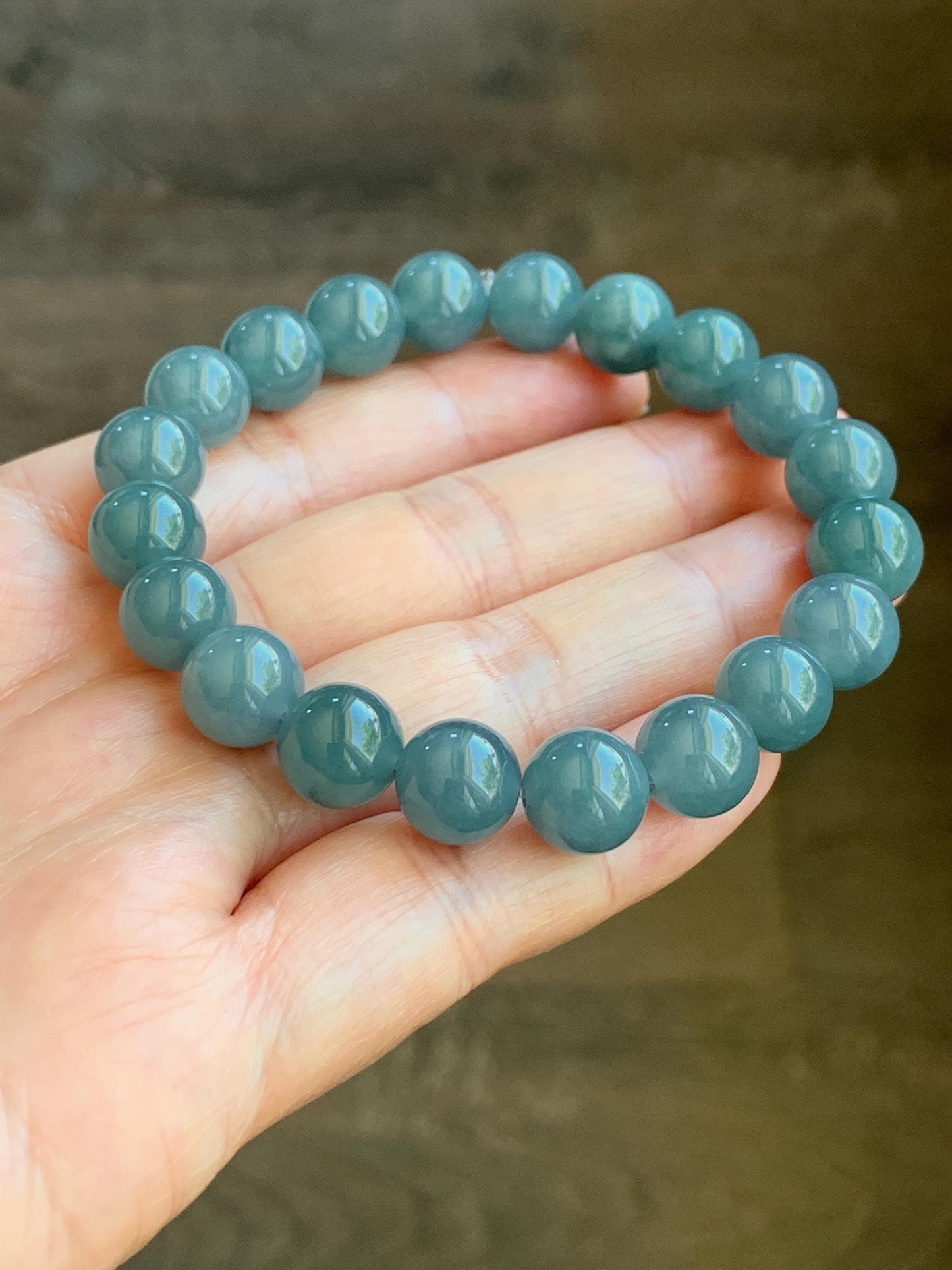 Natural Guatemalan Grade A Icy Translucent Dusty Teal Blue Jade Jadeite Beaded Bracelet Stretchy 9.7mm 7.25” 31g 天然冰危蓝水翡翠圆珠手串 WLZ150