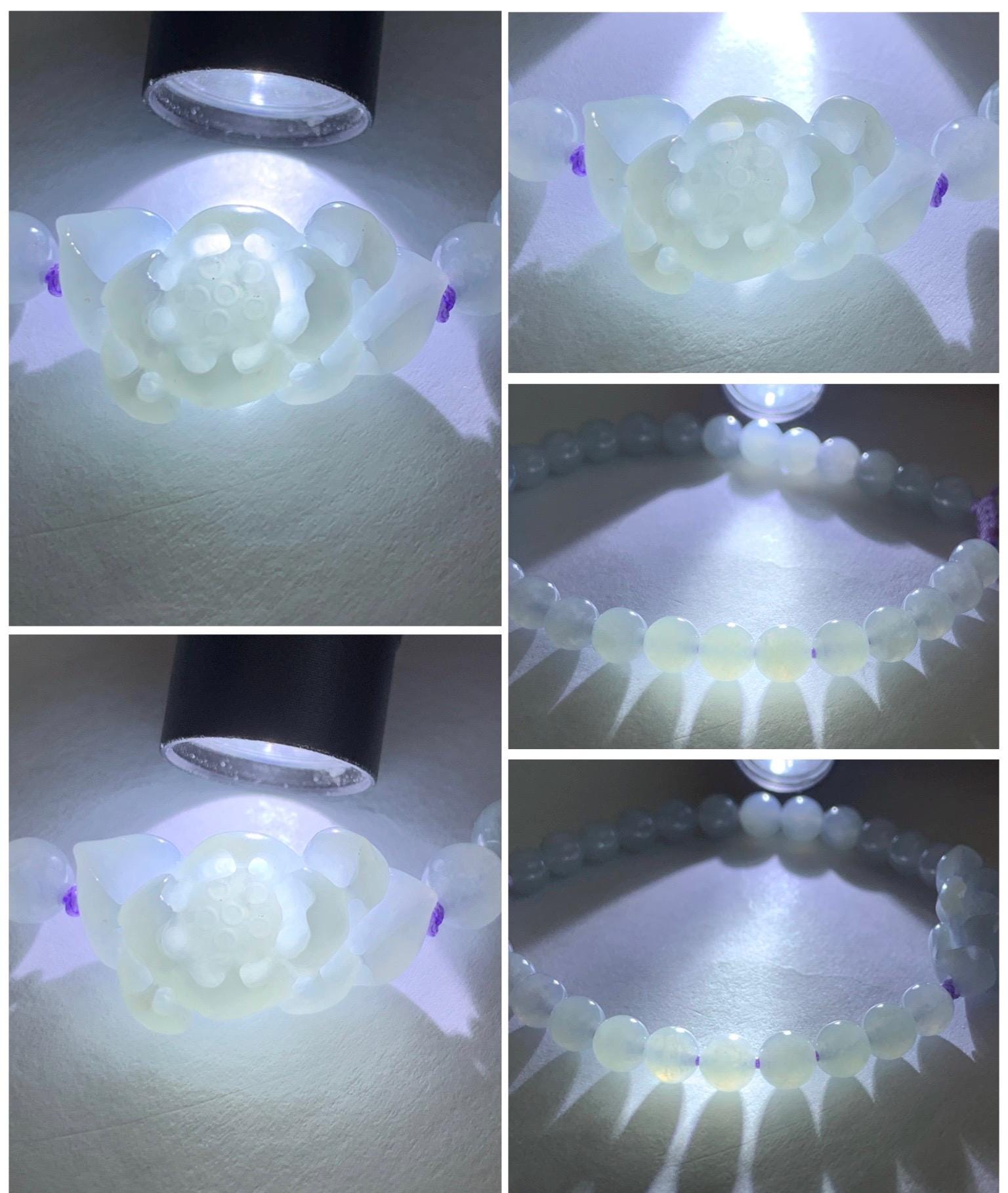 Natural Grade A Icy Translucent Gelatinous Pastel Purplish Blue Jade Jadeite Lotus Flower Beaded Bracelet 6.75" 12g 天然冰淡蓝紫底翡翠莲花圆珠手串 DLZ-A