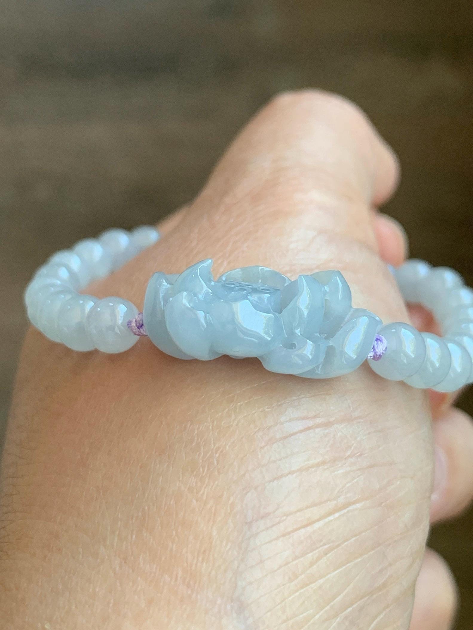 Natural Grade A Icy Translucent Gelatinous Pastel Purplish Blue Jade Jadeite Lotus Flower Beaded Bracelet 6.75" 12g 天然冰淡蓝紫底翡翠莲花圆珠手串 DLZ-A