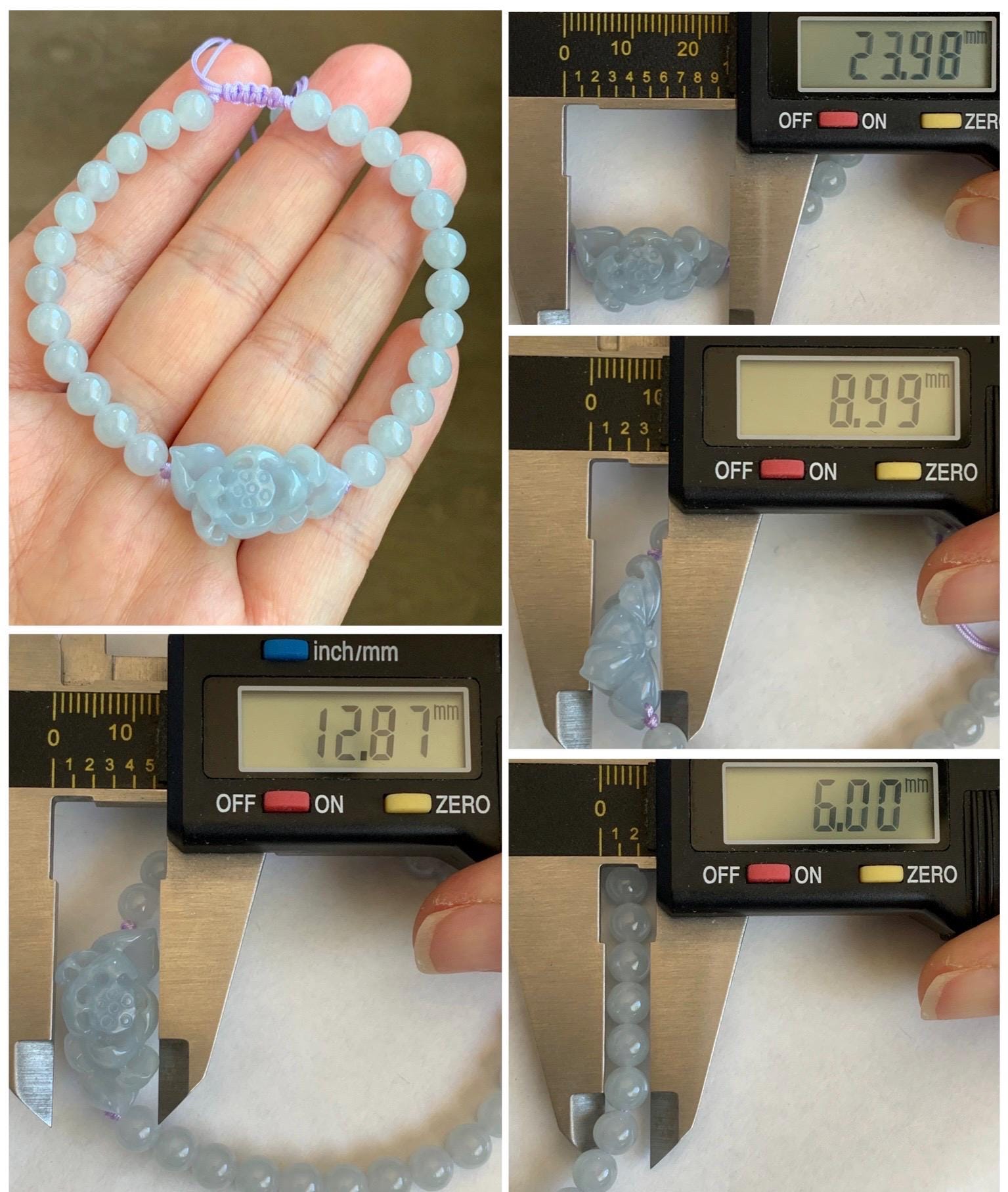 Natural Grade A Icy Translucent Gelatinous Pastel Purplish Blue Jade Jadeite Lotus Flower Beaded Bracelet 6.75" 12g 天然冰淡蓝紫底翡翠莲花圆珠手串 DLZ-A