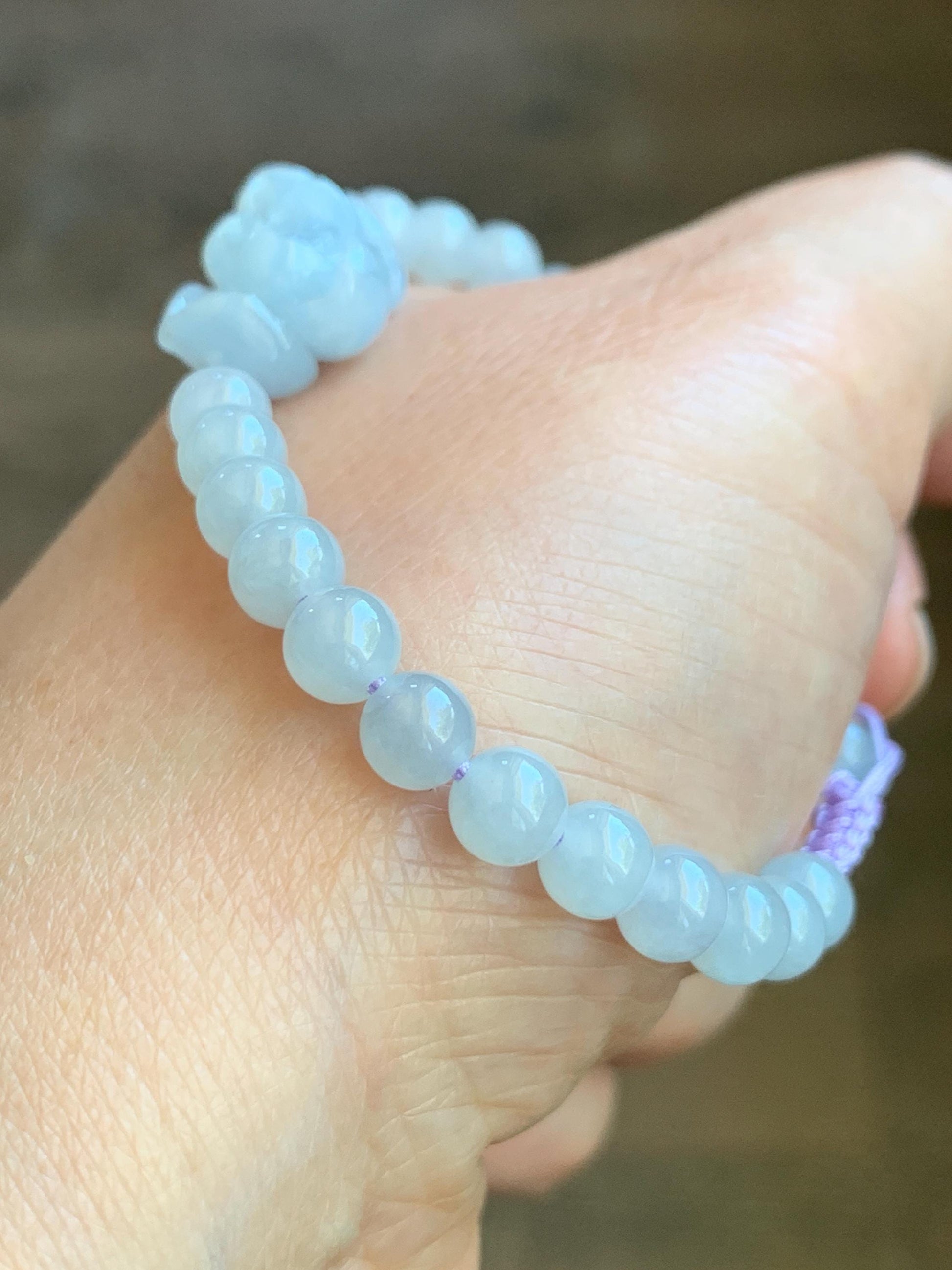 Natural Grade A Icy Translucent Gelatinous Pastel Purplish Blue Jade Jadeite Lotus Flower Beaded Bracelet 6.75" 12g 天然冰淡蓝紫底翡翠莲花圆珠手串 DLZ-A